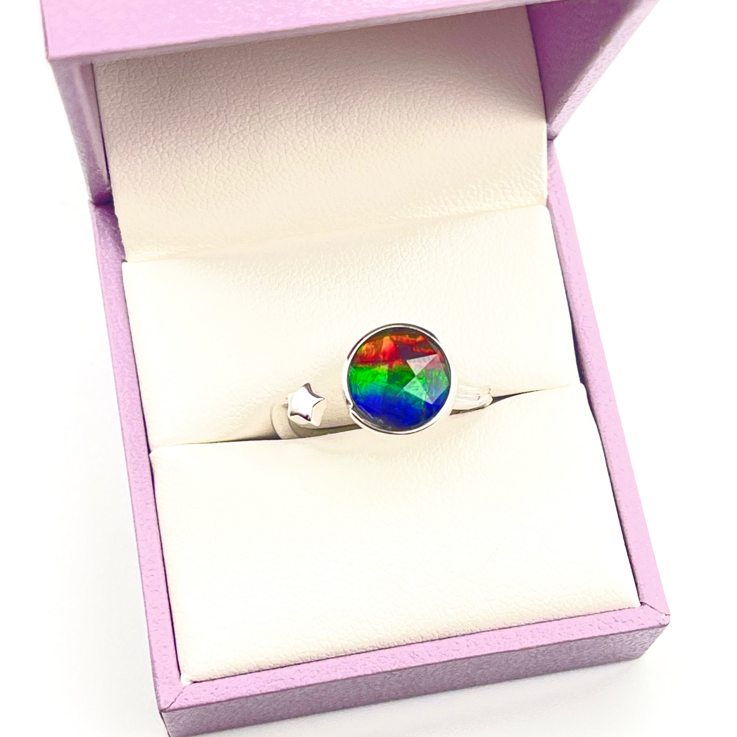 Canadian Faceted Ammolite Star Ring – Sterling Silver Adjustable Open Band – 9x9mm Blue Green Red Gem – Free Size Ammolite Jewelry
