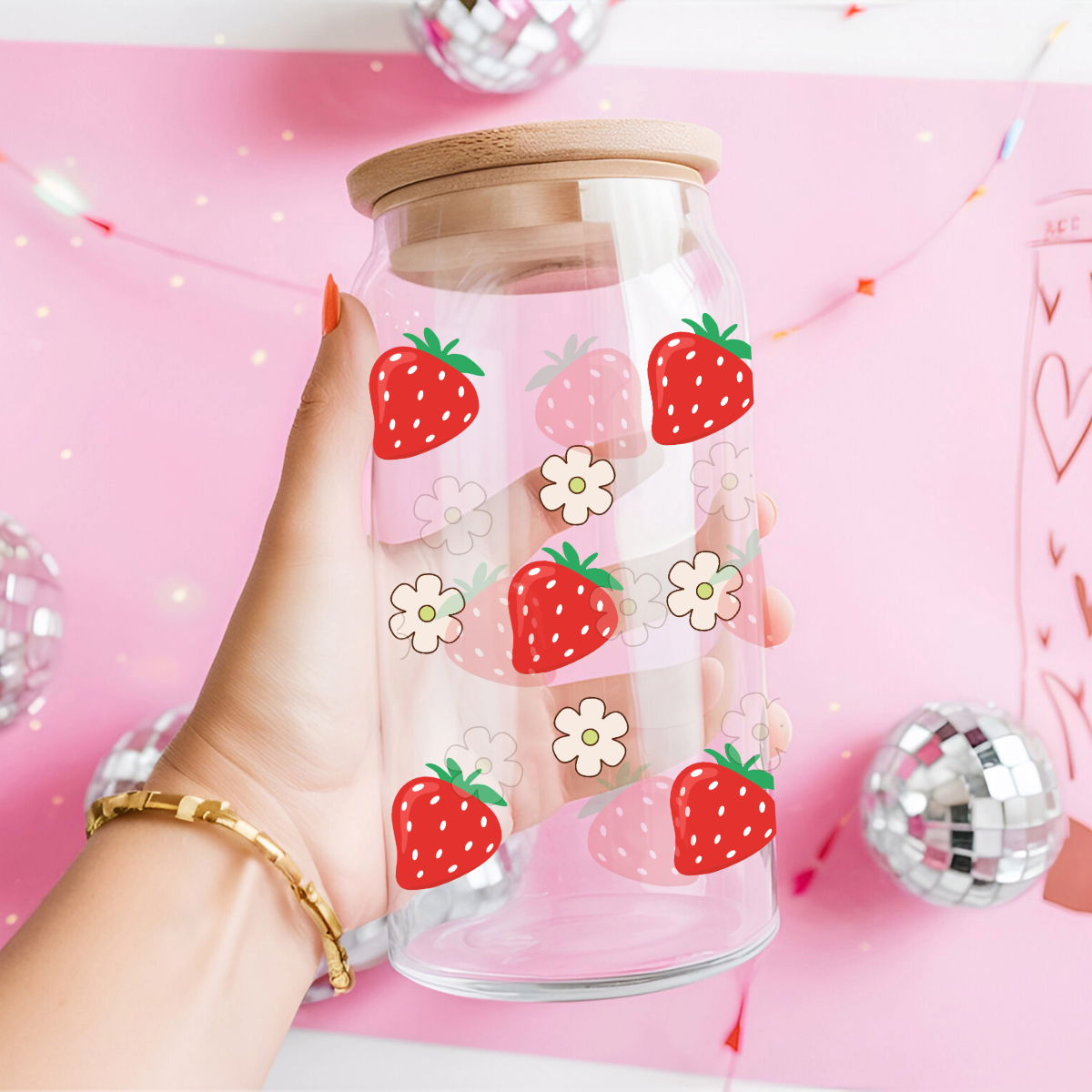 Red Strawberry and Flowers 16oz Iced Coffee Mug with Bamboo Lid and Straw