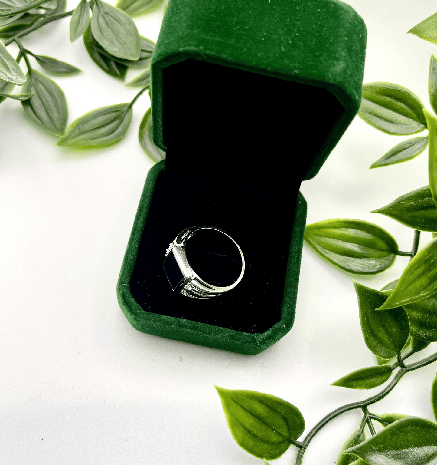 Luxury Sterling Silver Ammolite Ring – US Size 8 – 9x11mm Rectangular Red & Green Gem with Four White Sapphires