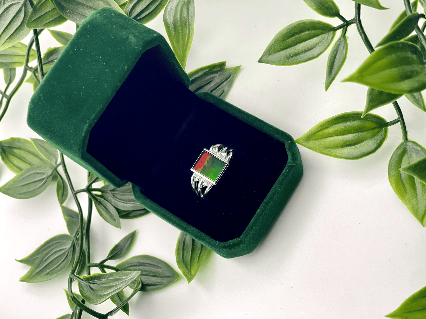 Luxury Sterling Silver Ammolite Ring – US Size 8 – 9x11mm Rectangular Red & Green Gem with Four White Sapphires