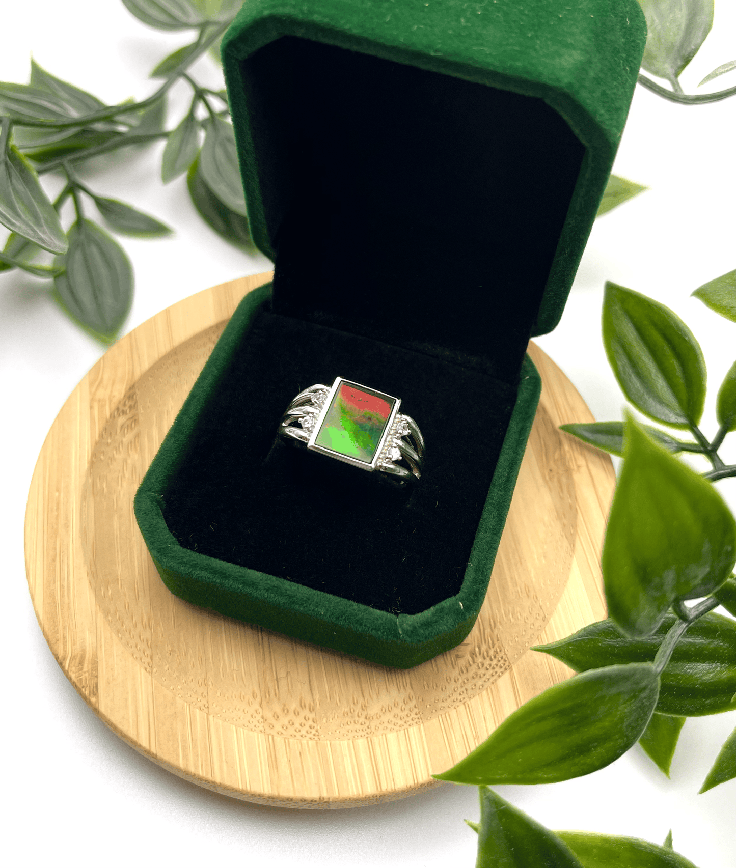 Luxury Sterling Silver Ammolite Ring – US Size 8 – 9x11mm Rectangular Red & Green Gem with Four White Sapphires