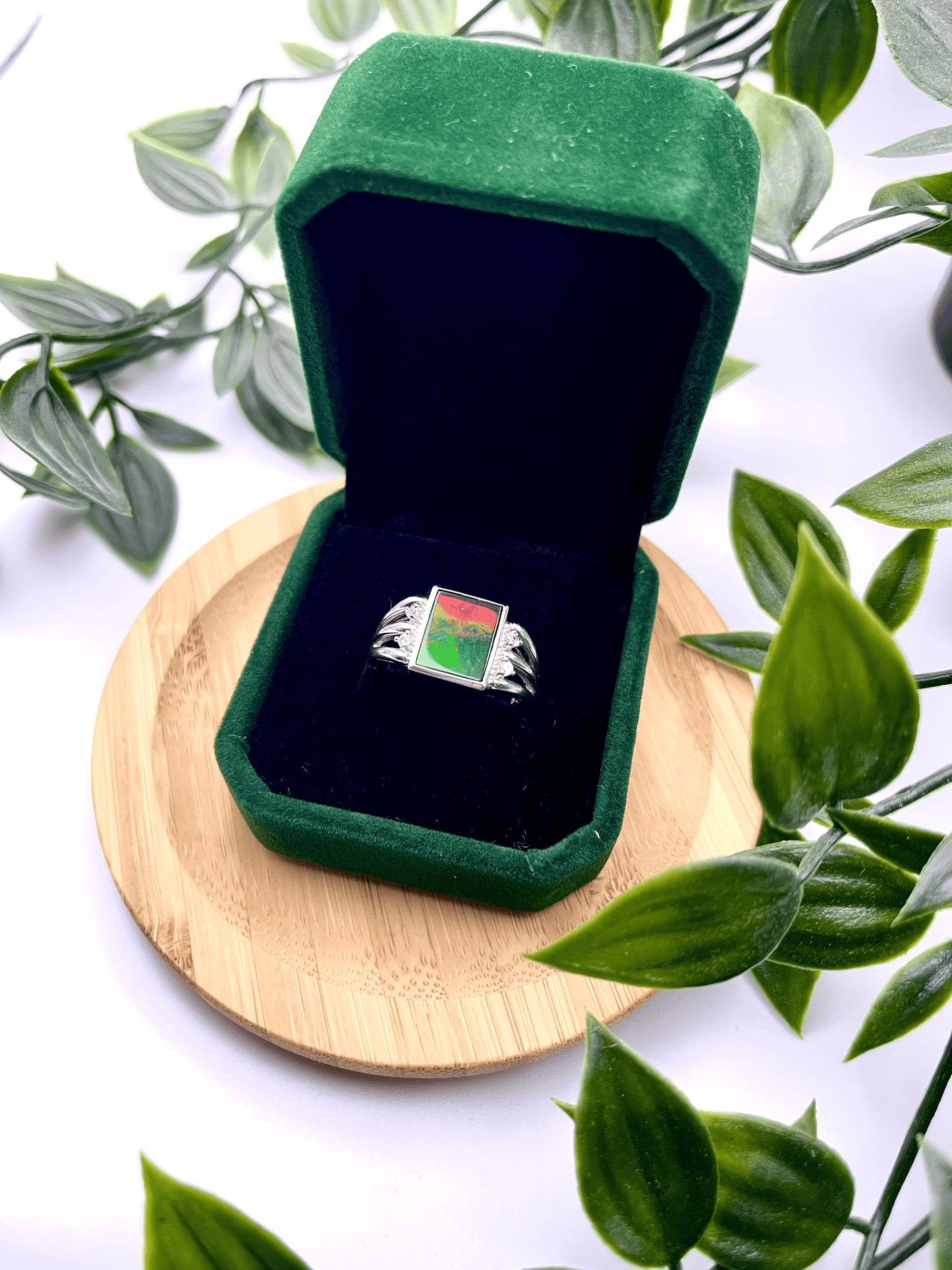 Luxury Sterling Silver Ammolite Ring – US Size 8 – 9x11mm Rectangular Red & Green Gem with Four White Sapphires