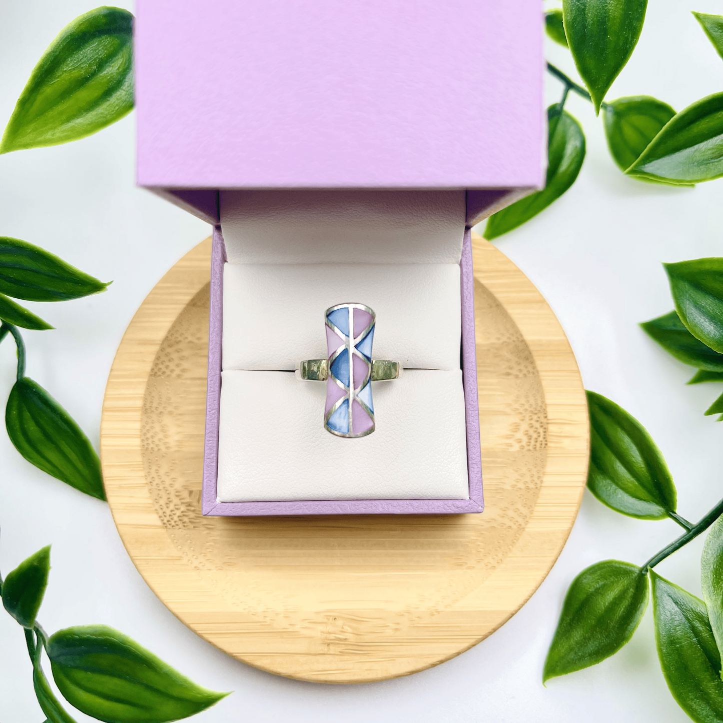 Sterling Silver Mother of Pearl Mosaic Ring Size 5 – Blue & Pink Geometric Inlay