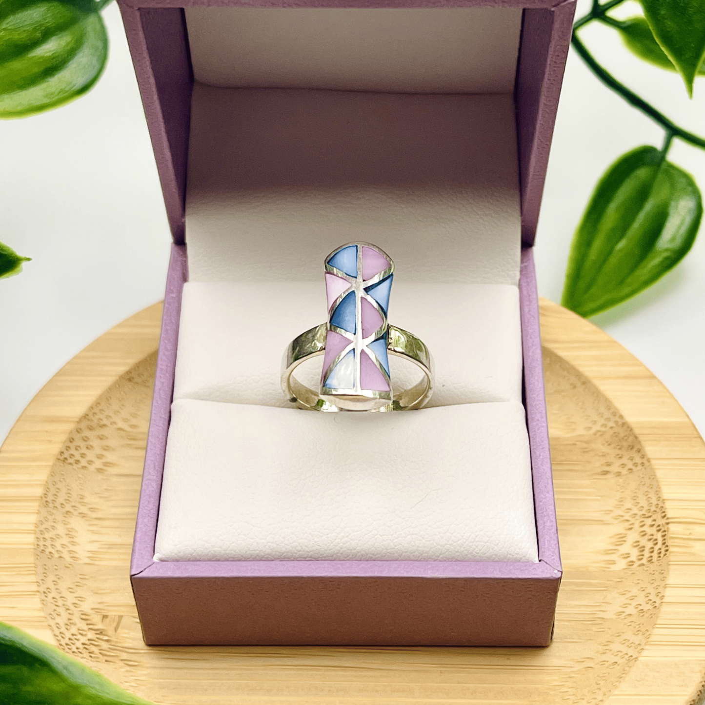 Sterling Silver Mother of Pearl Mosaic Ring Size 5 – Blue & Pink Geometric Inlay