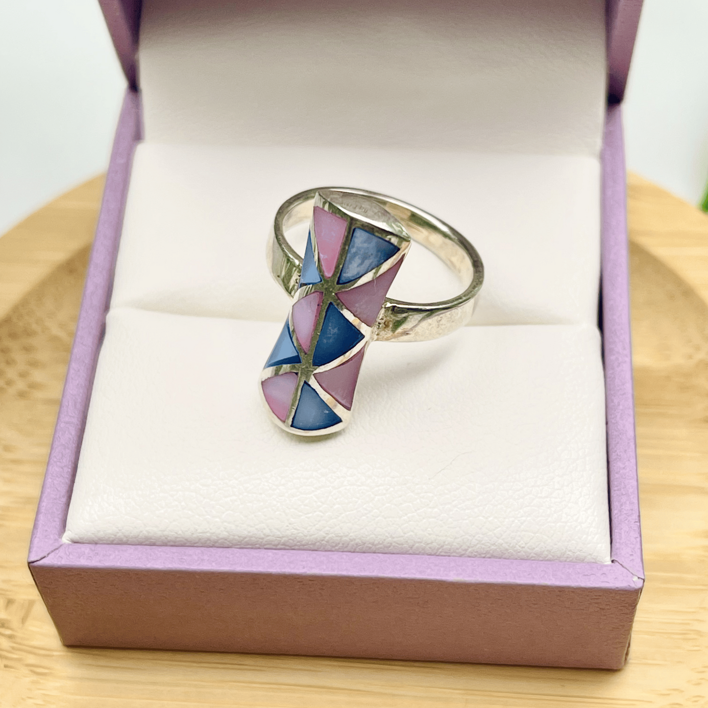 Sterling Silver Mother of Pearl Mosaic Ring Size 5 – Blue & Pink Geometric Inlay