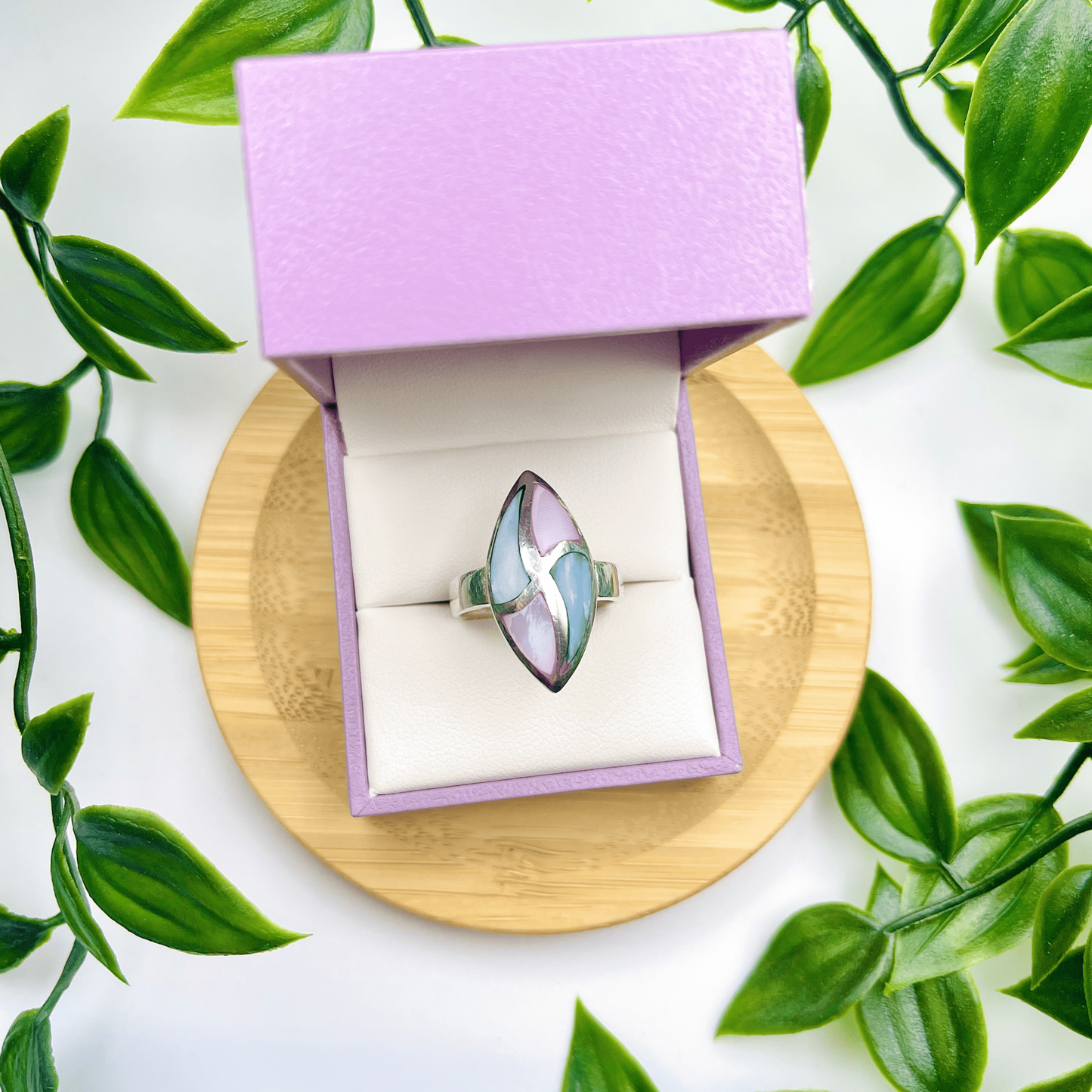 Sterling Silver Mother of Pearl Contemporary Inlay Ring – Soft Blue & Soft Pink (US Size 7.5)