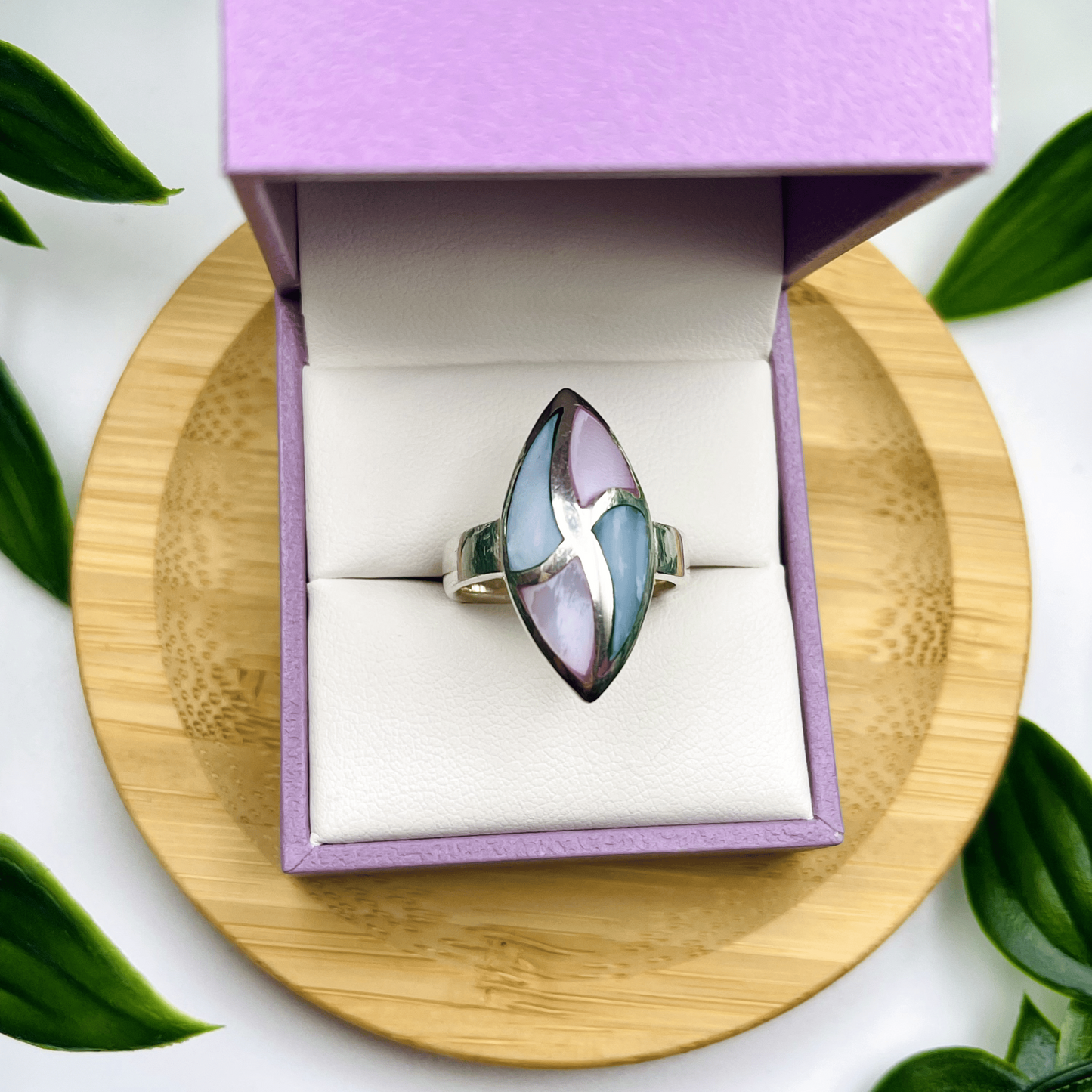 Sterling Silver Mother of Pearl Contemporary Inlay Ring – Soft Blue & Soft Pink (US Size 7.5)
