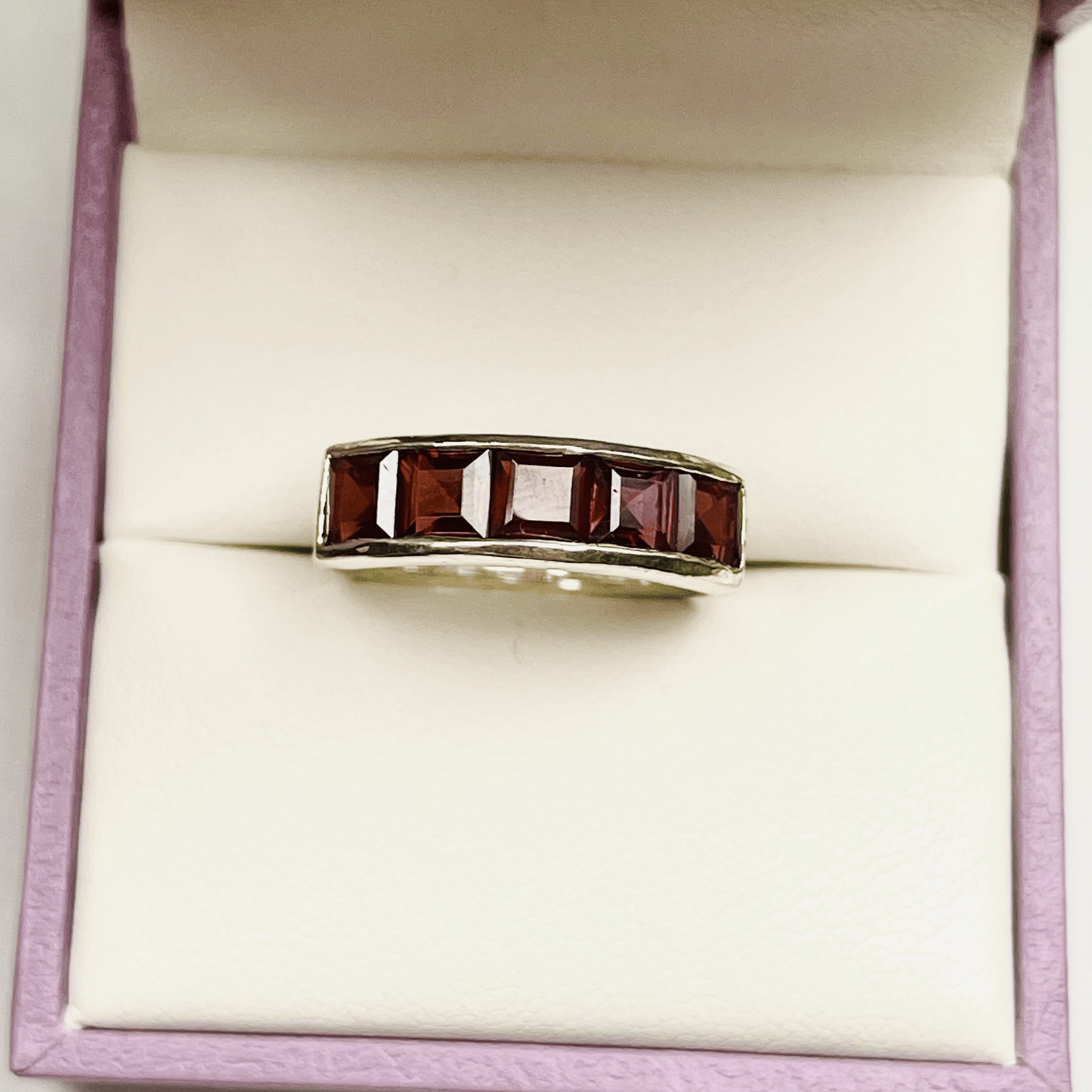 Sterling Silver Ring with 5 Emerald-Cut Red Garnet Stones – US Size 6