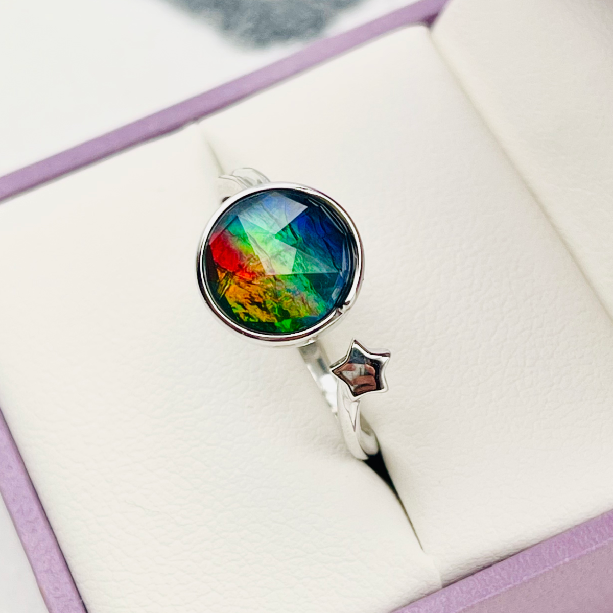 Rare AA Grade Canadian Faceted Ammolite Sterling Silver Star Open Ring – Free Size (9x9mm Multicolor Gem)