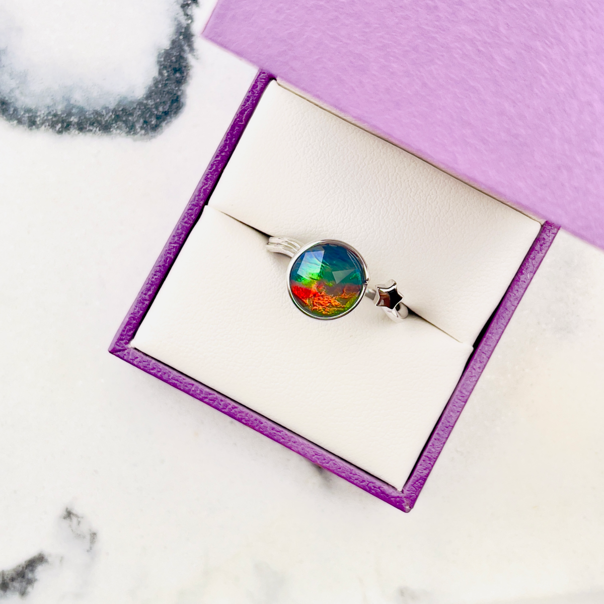 Rare AA Grade Canadian Faceted Ammolite Sterling Silver Star Open Ring – Free Size (9x9mm Multicolor Gem)