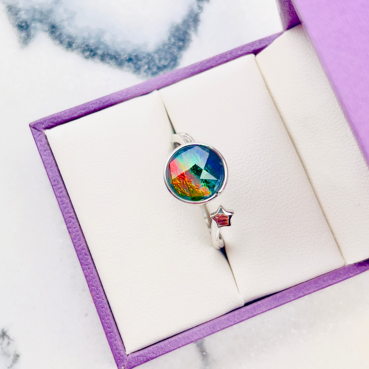 Rare AA Grade Canadian Faceted Ammolite Sterling Silver Star Open Ring – Free Size (9x9mm Multicolor Gem)