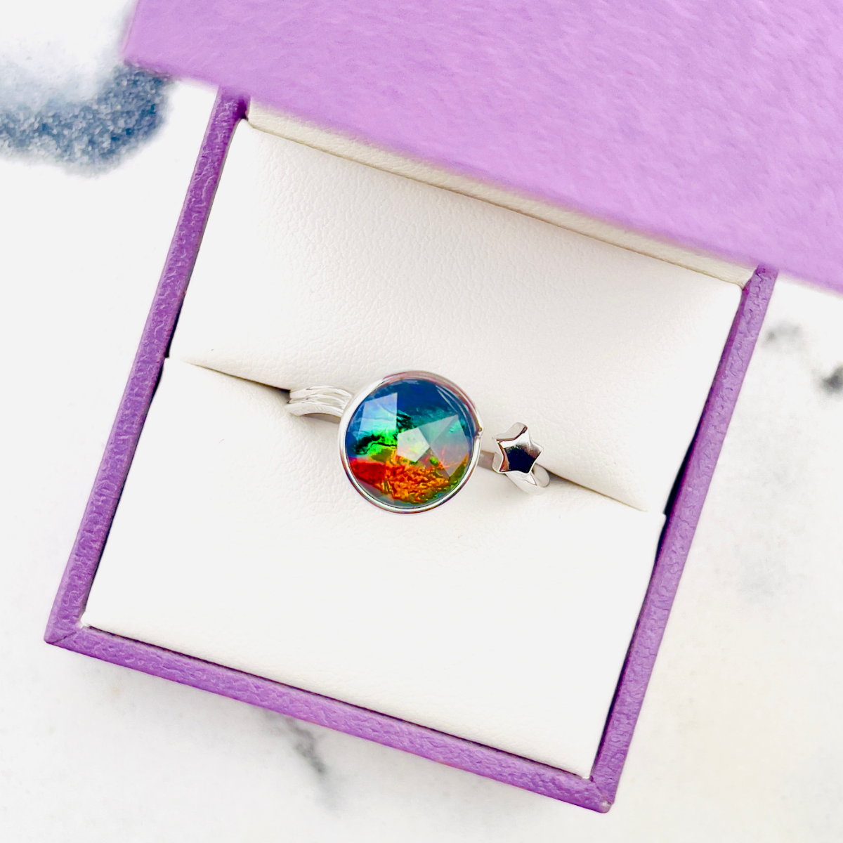 Rare AA Grade Canadian Faceted Ammolite Sterling Silver Star Open Ring – Free Size (9x9mm Multicolor Gem)