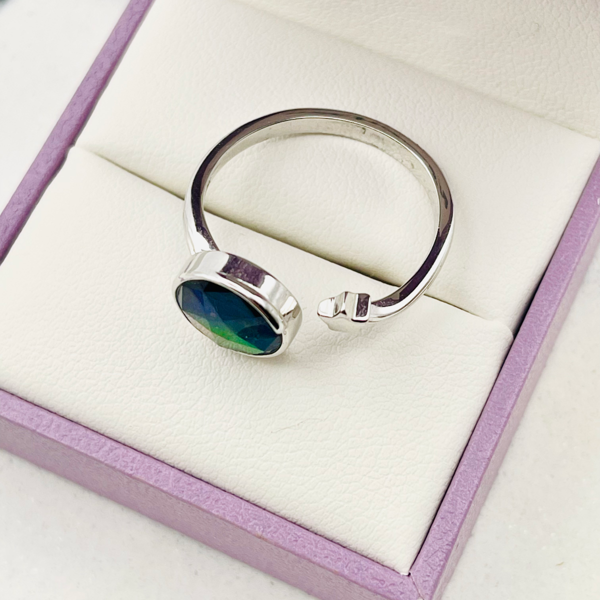 Rare AA Grade Canadian Faceted Ammolite Sterling Silver Star Open Ring – Free Size (9x9mm Multicolor Gem)