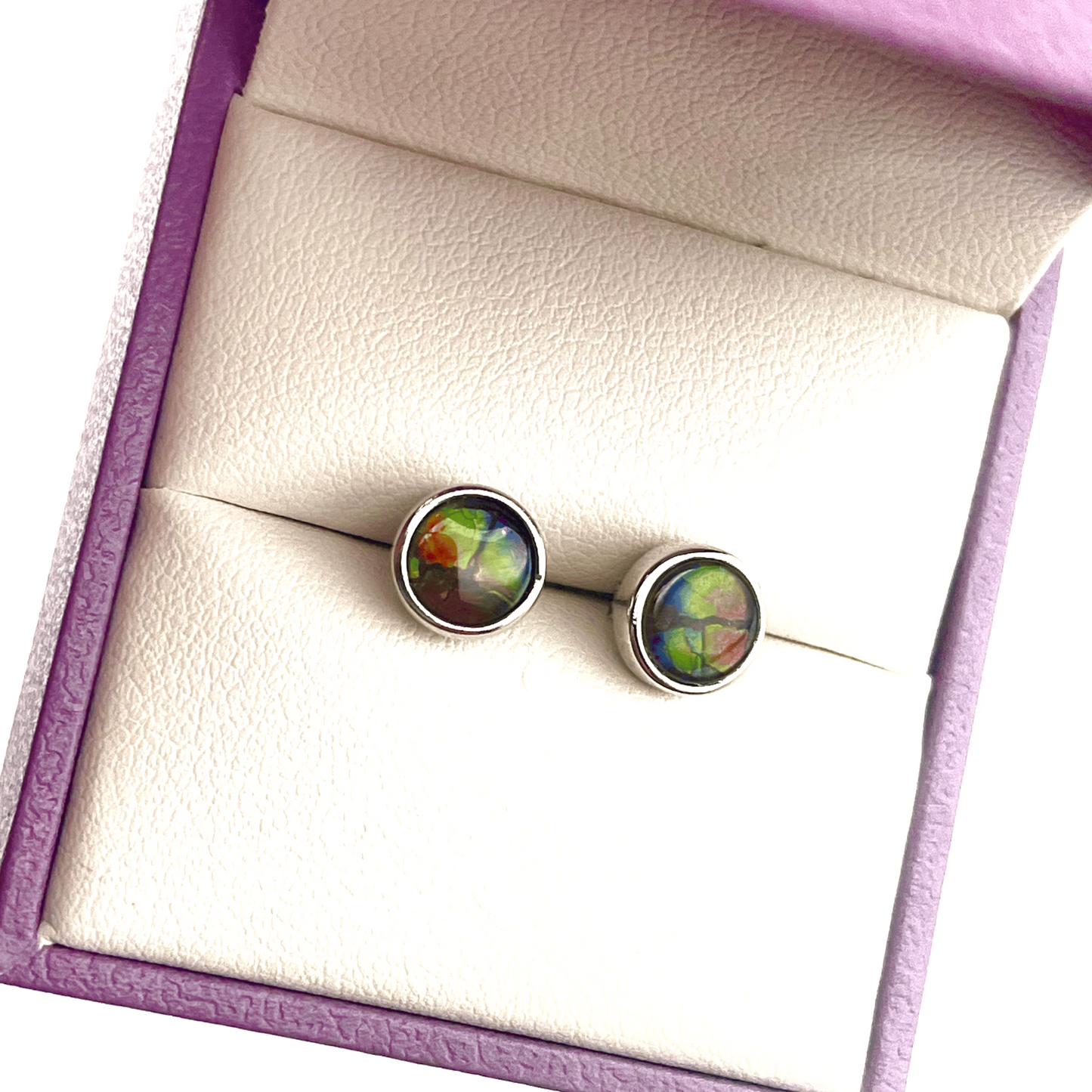 Dragon Skin Ammolite Stud Earrings 6x6mm – Red, Green & Blue in Sterling Silver – Canadian Gemstone Jewelry Gift