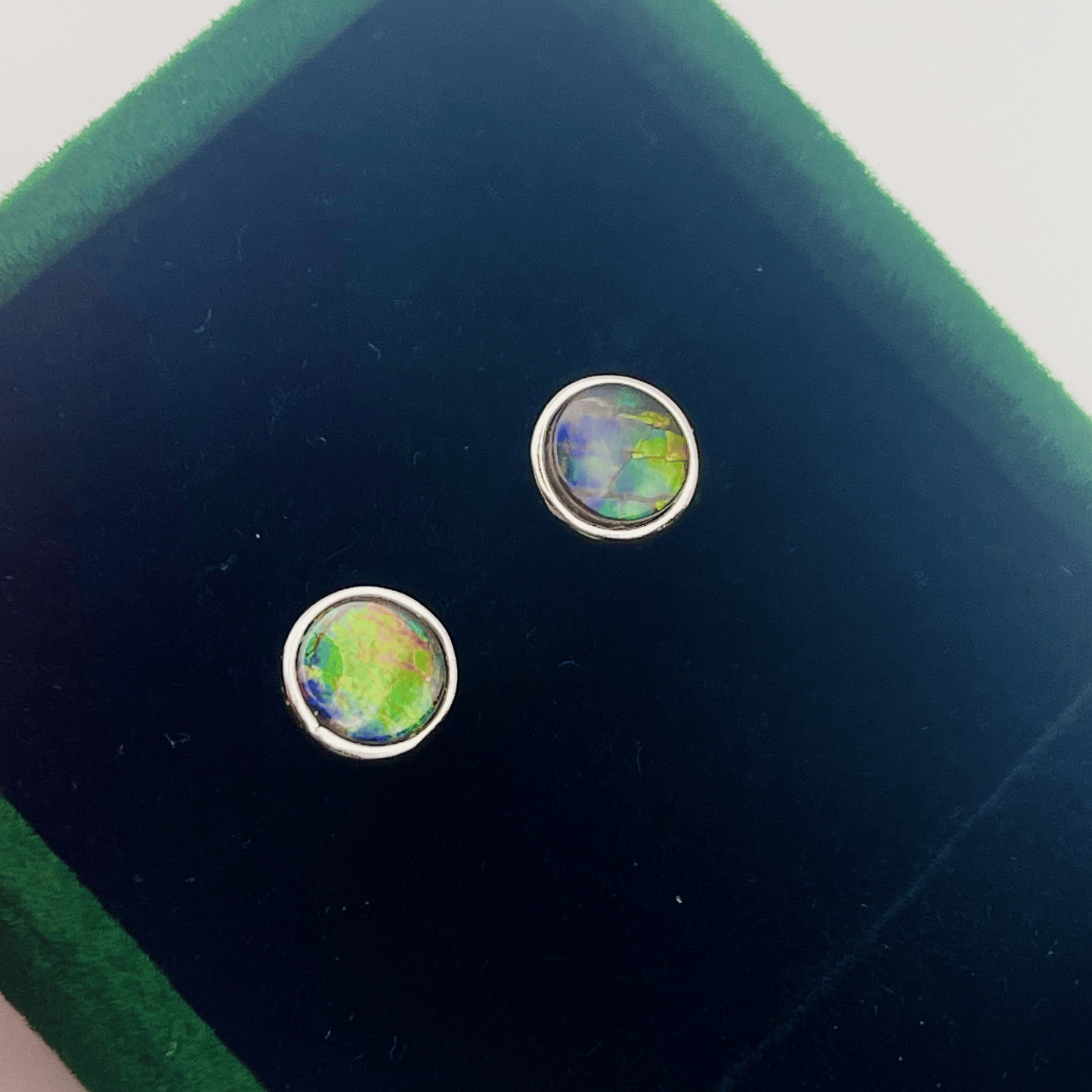 Ammolite Stud Earrings – 6x6mm Round Sterling Silver Gold Green Blue Canada’s Opal