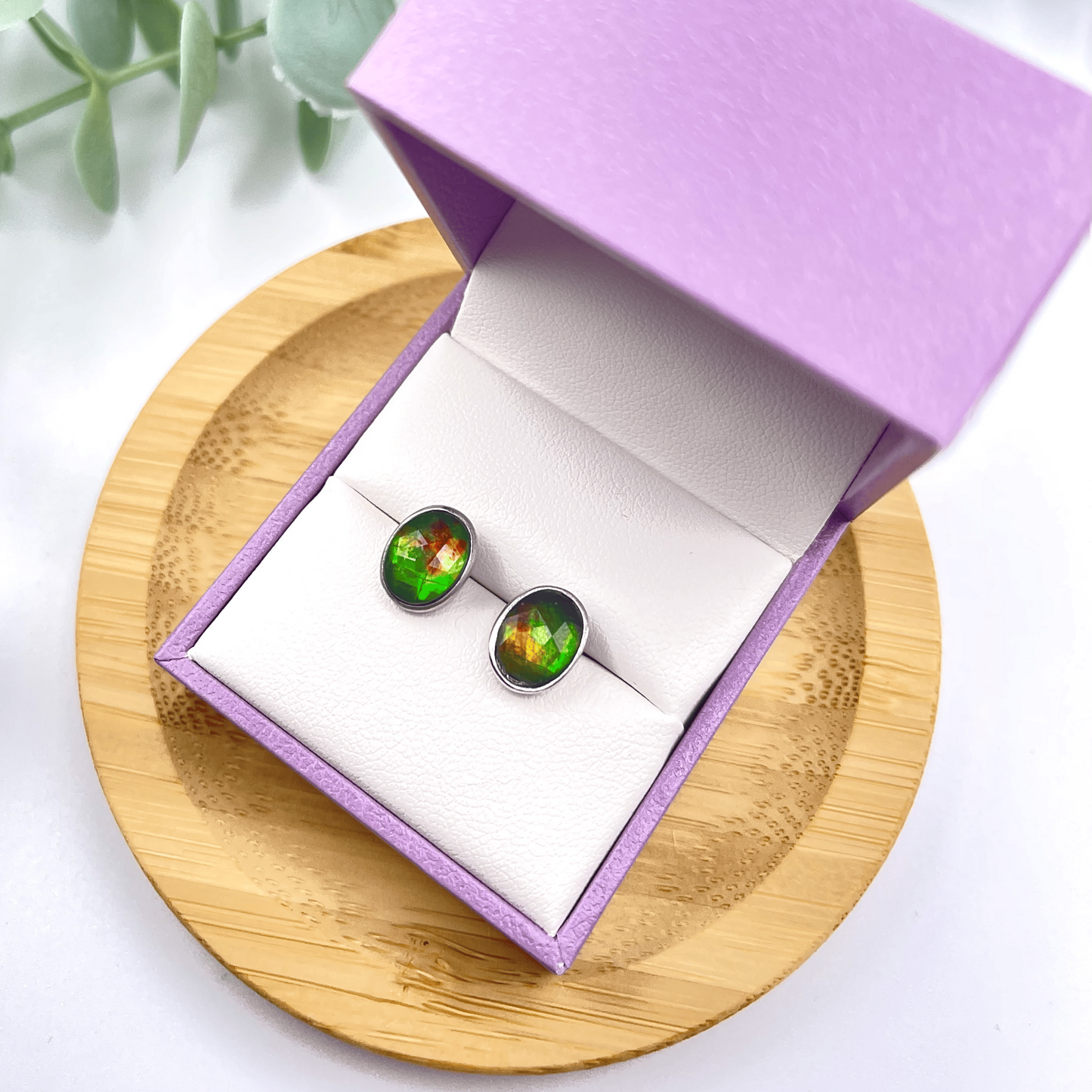 Ammolite Faceted Oval Gemstone Studs in Sterling Silver