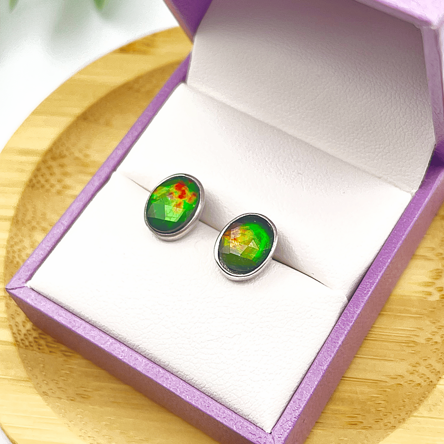Ammolite Faceted Oval Gemstone Studs in Sterling Silver