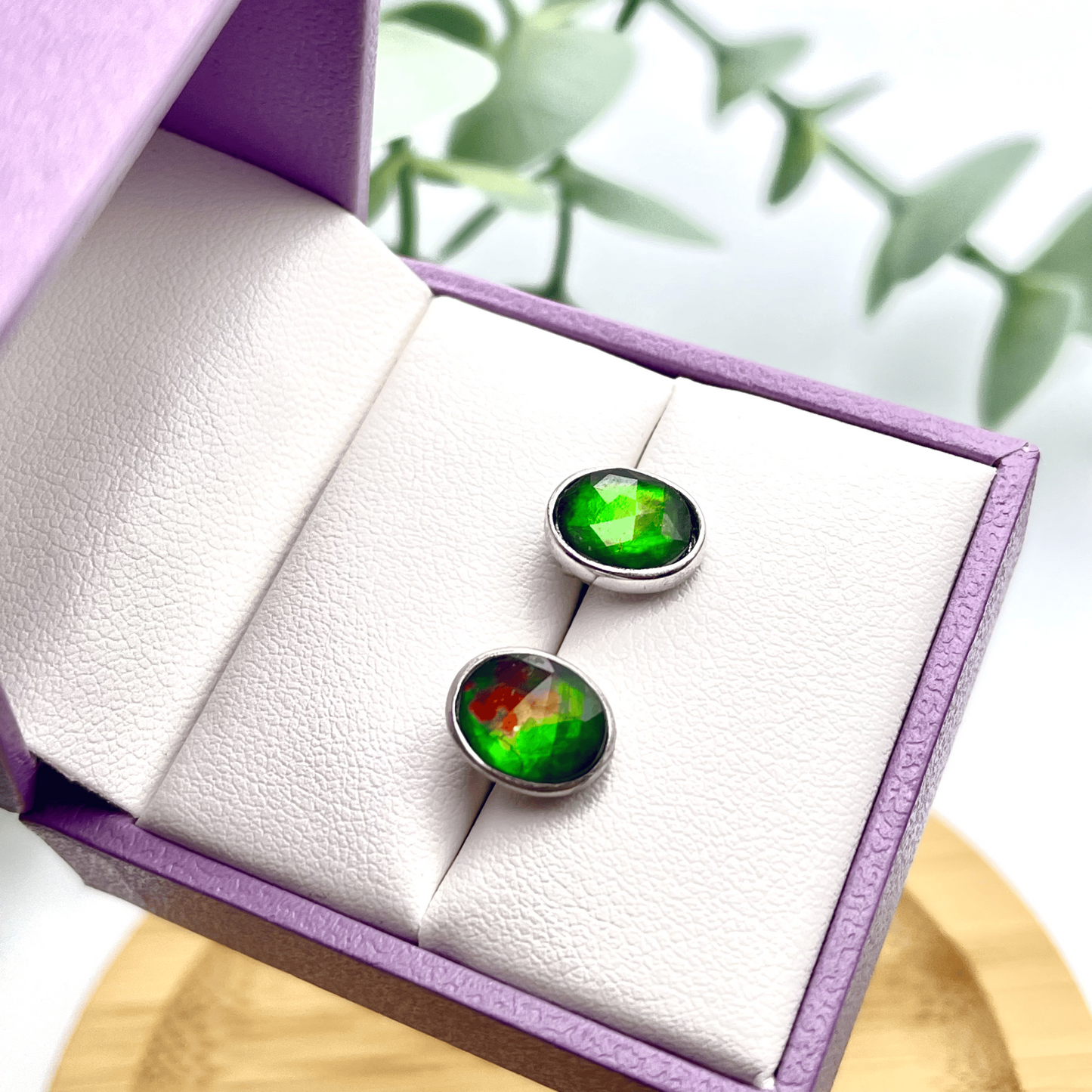 Ammolite Faceted Oval Gemstone Studs in Sterling Silver