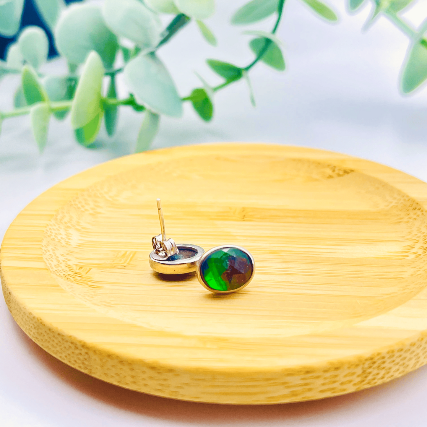 Ammolite Faceted Oval Gemstone Studs in Sterling Silver