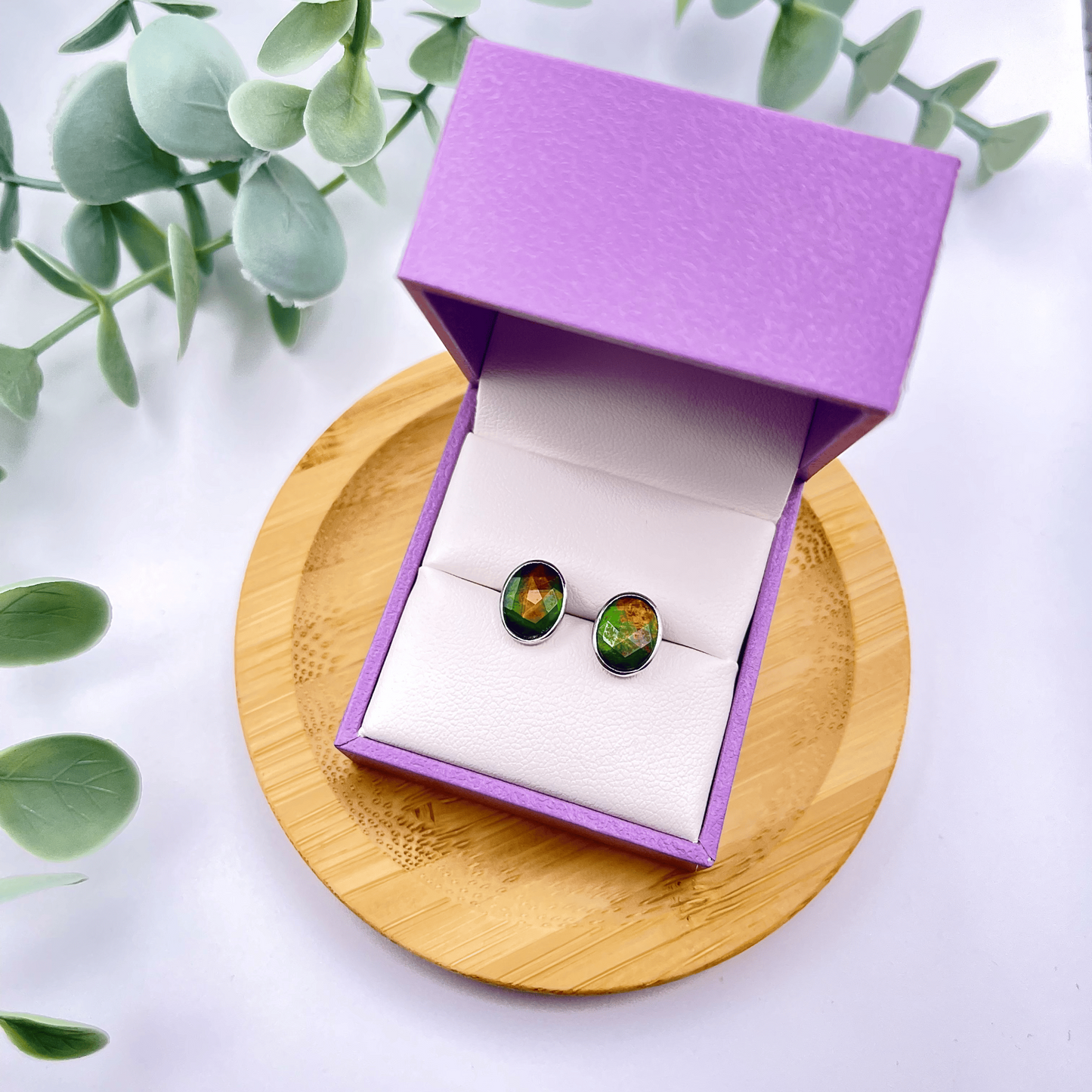 Ammolite Faceted Oval multicolor Gemstone Studs in Sterling Silver