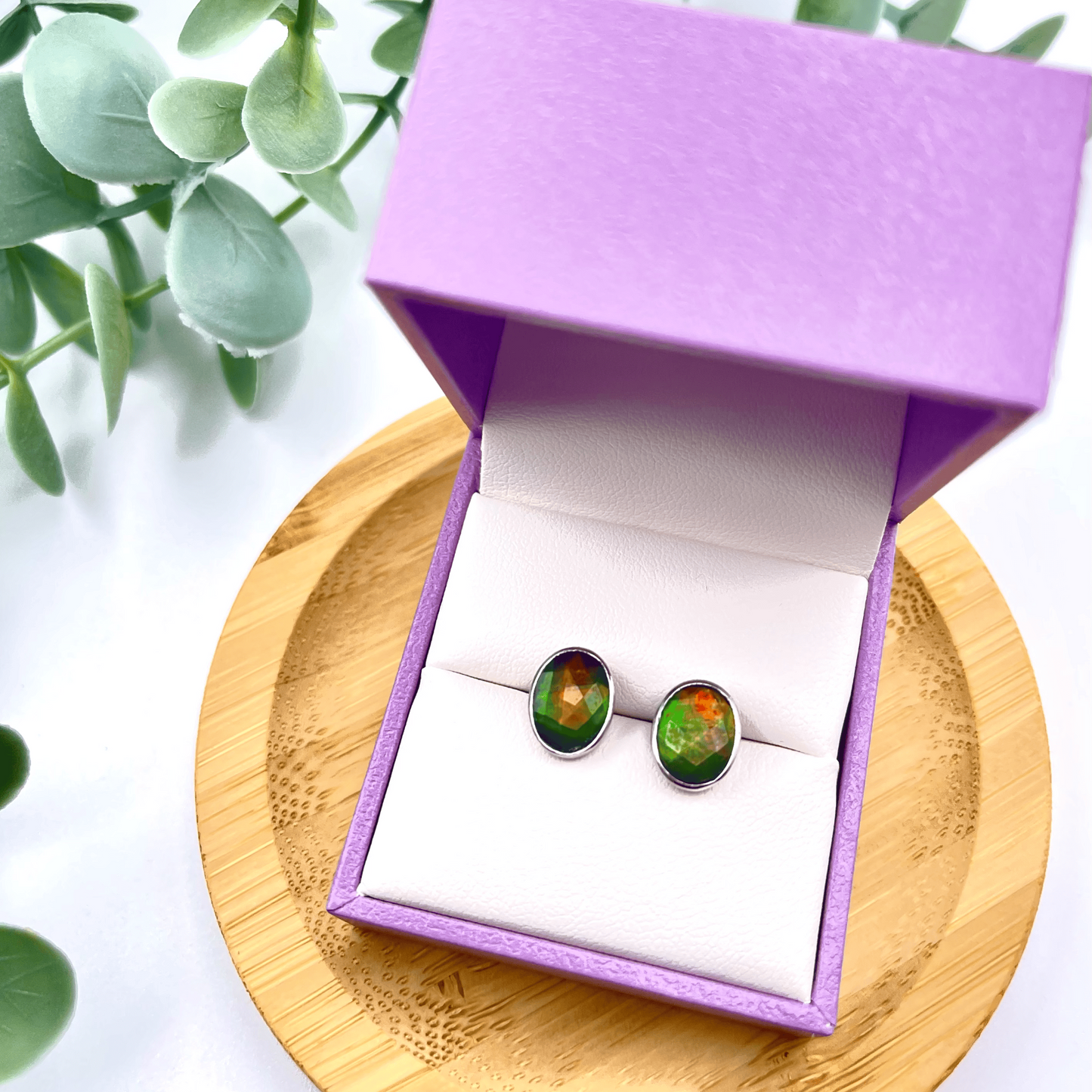 Ammolite Faceted Oval multicolor Gemstone Studs in Sterling Silver
