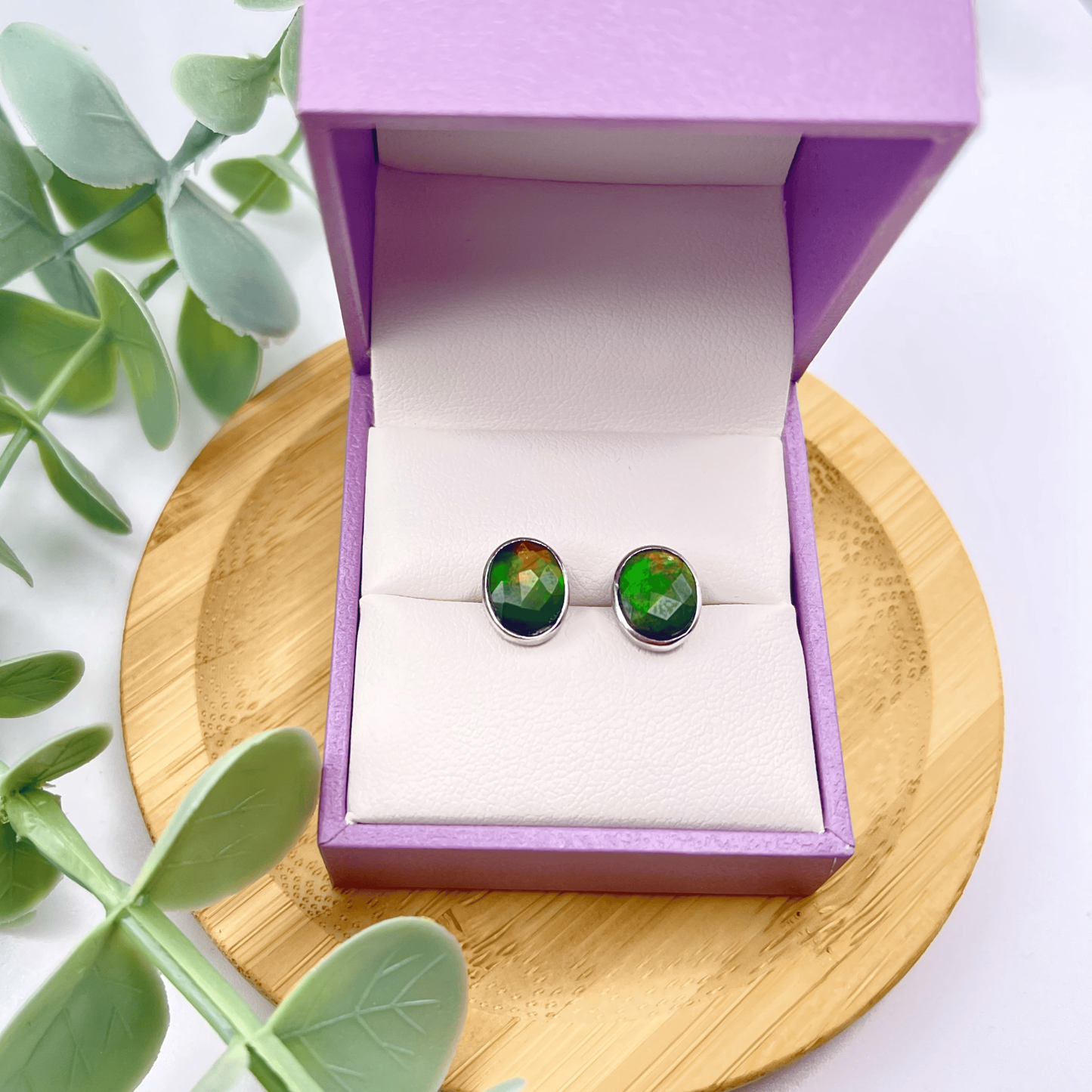 Ammolite Faceted Oval multicolor Gemstone Studs in Sterling Silver