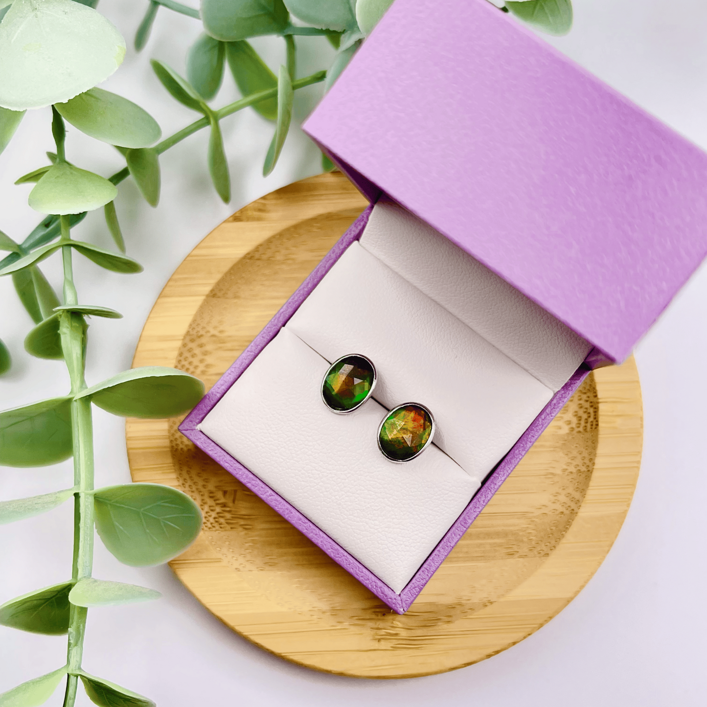 Ammolite Faceted Oval multicolor Gemstone Studs in Sterling Silver
