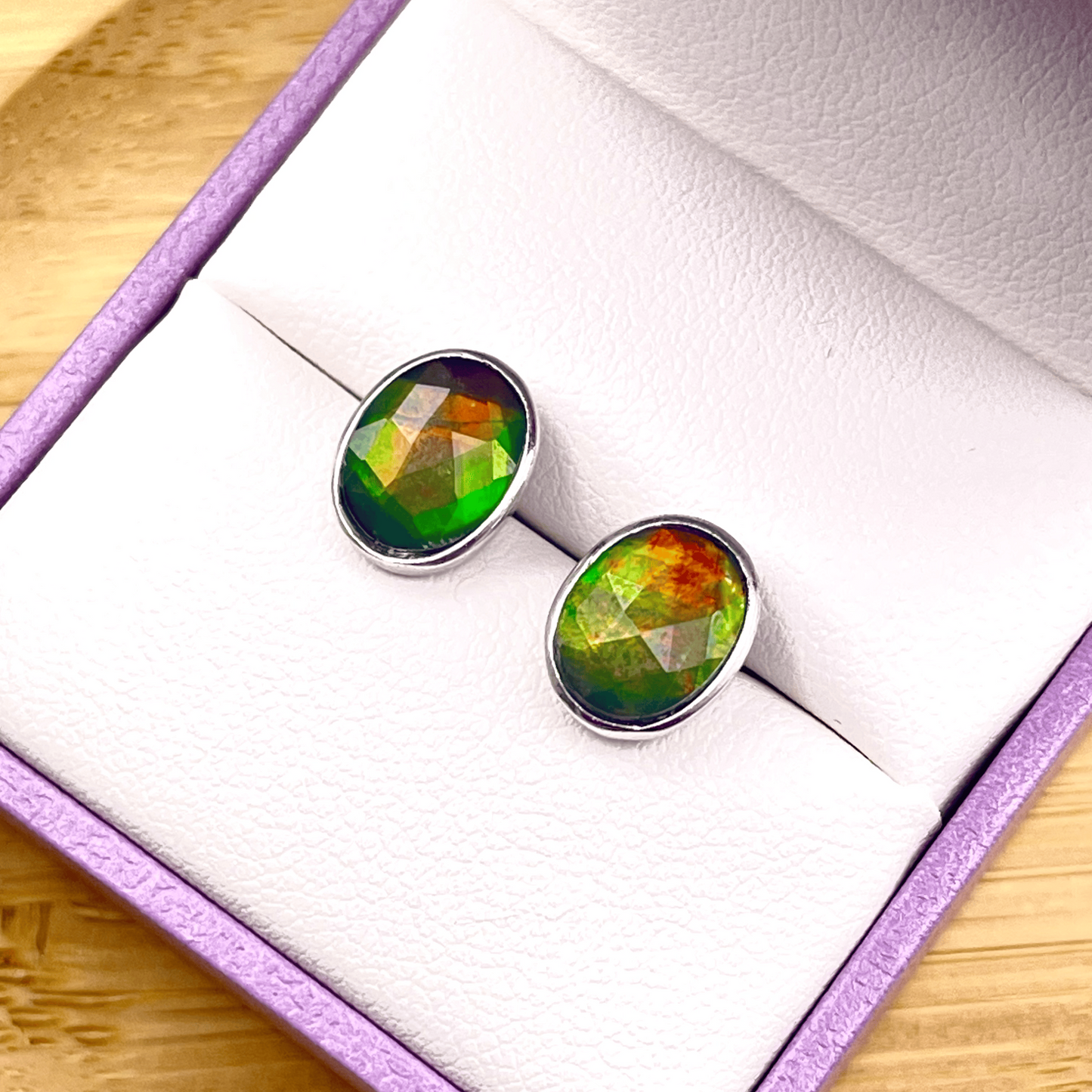 Ammolite Faceted Oval multicolor Gemstone Studs in Sterling Silver