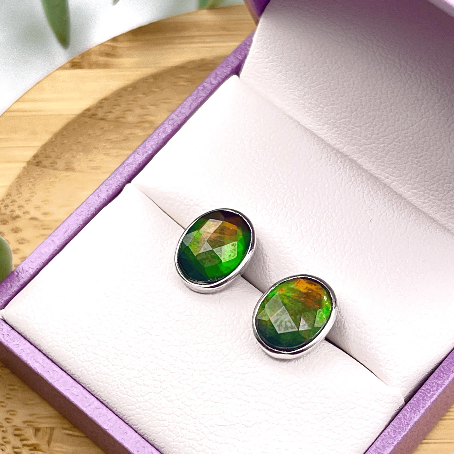 Ammolite Faceted Oval multicolor Gemstone Studs in Sterling Silver
