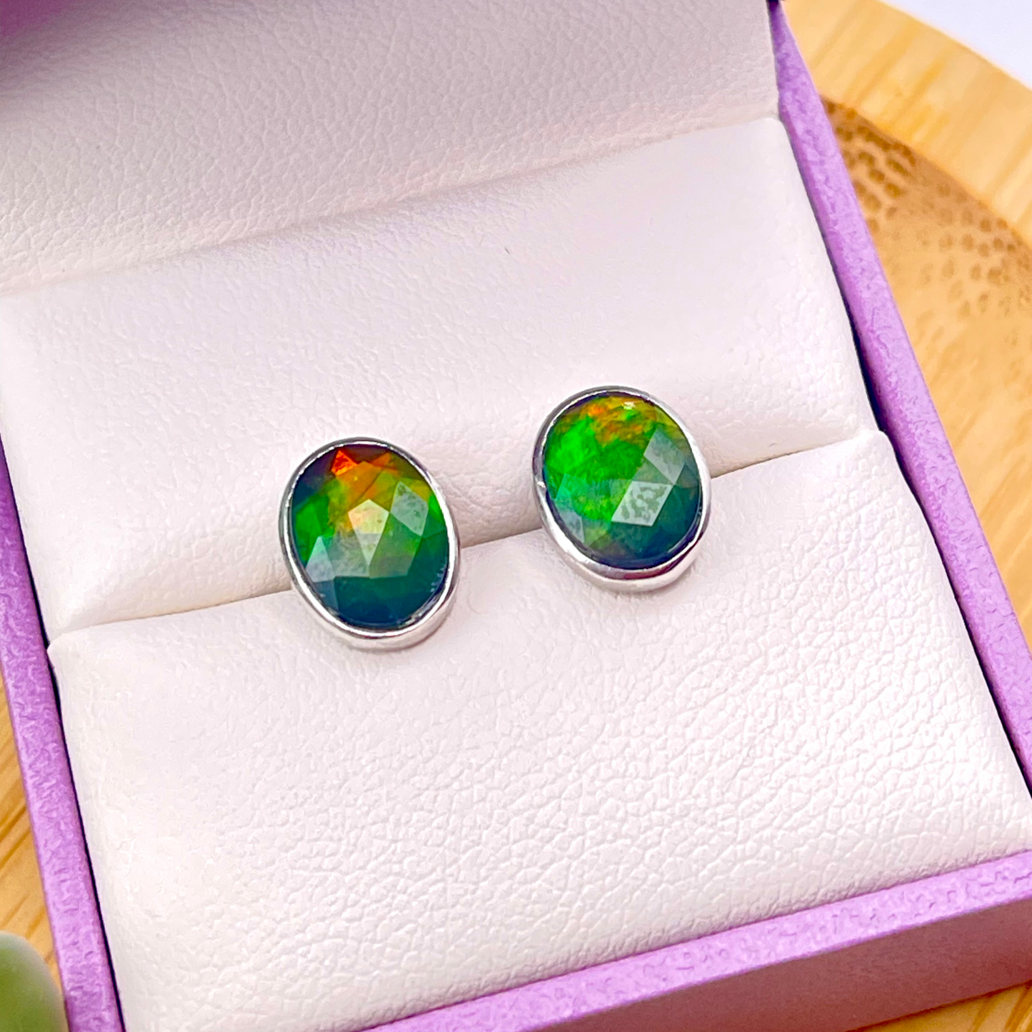 Ammolite Faceted Oval multicolor Gemstone Studs in Sterling Silver