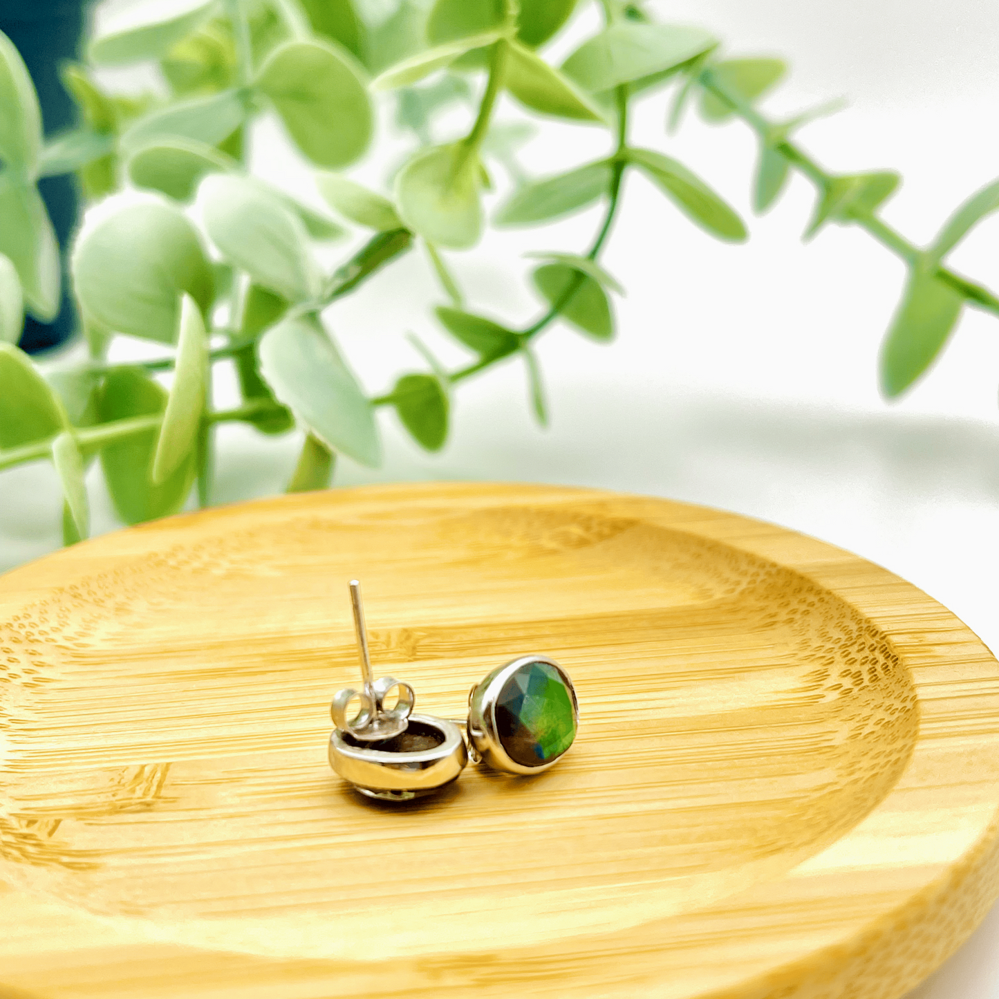 Ammolite Faceted Oval multicolor Gemstone Studs in Sterling Silver