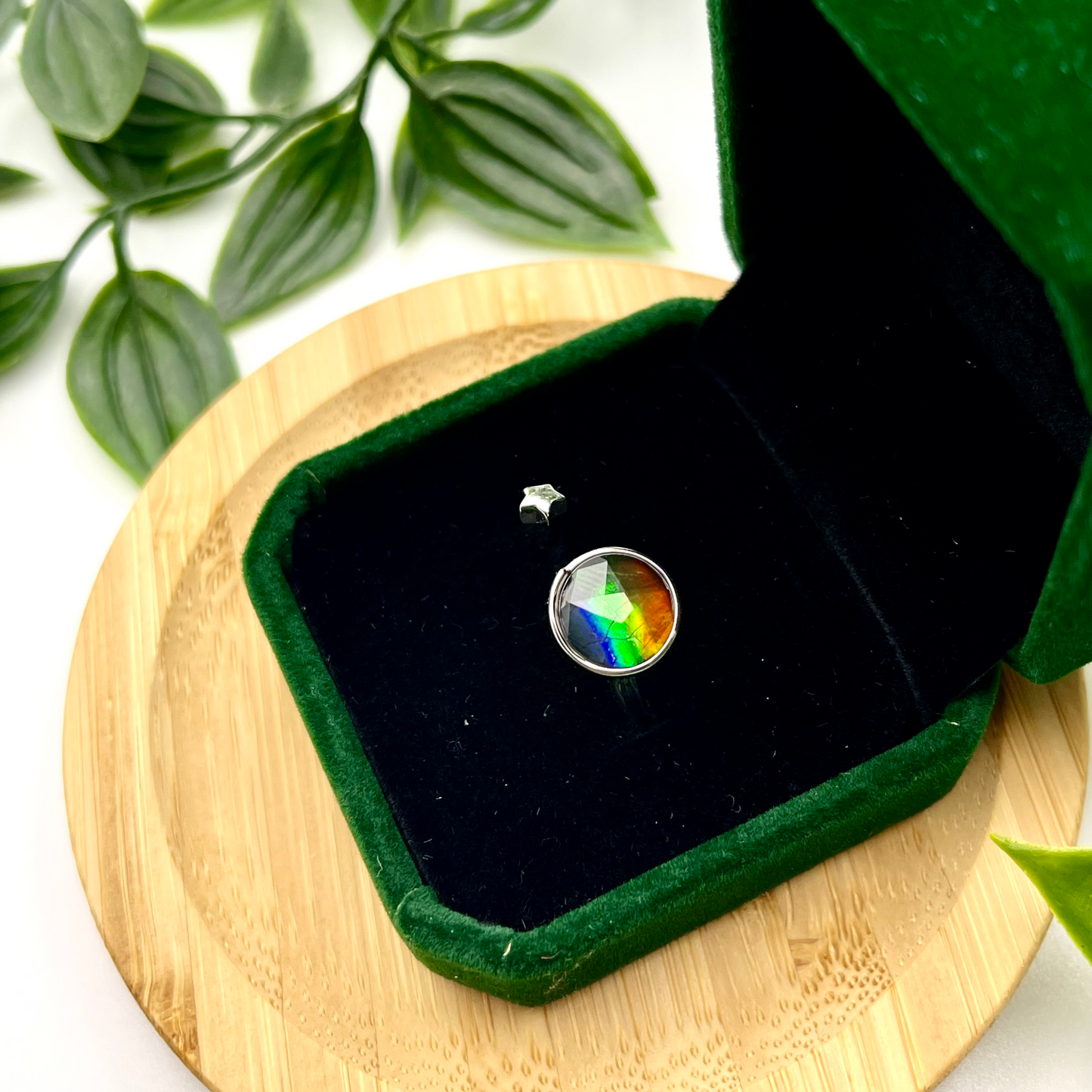 Canadian Ammolite Sterling Silver Star Open Ring Free Size – 9x9mm Multicolor Gem