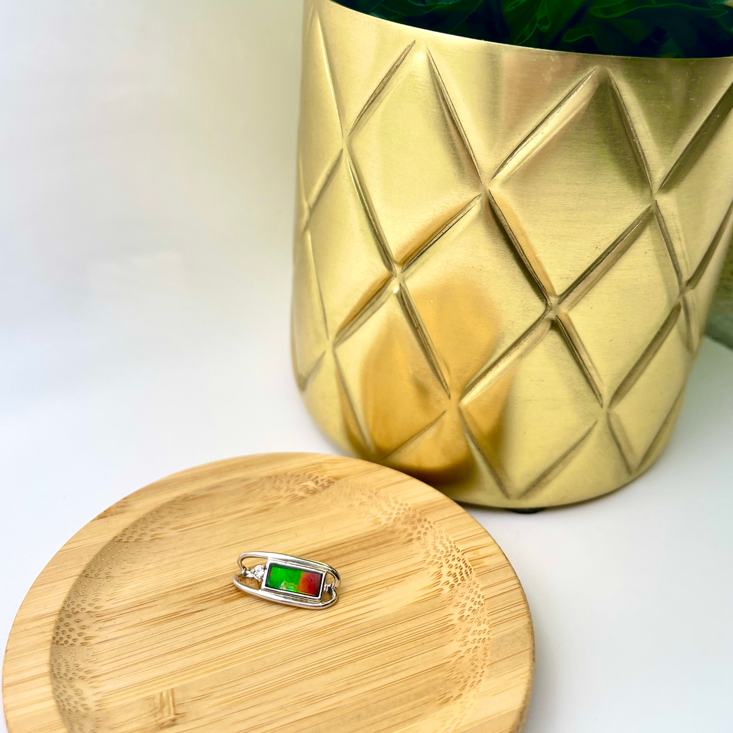 Genuine Canadian Ammolite 4x10 rectangular Sterling Silver Pendant with white Sapphire