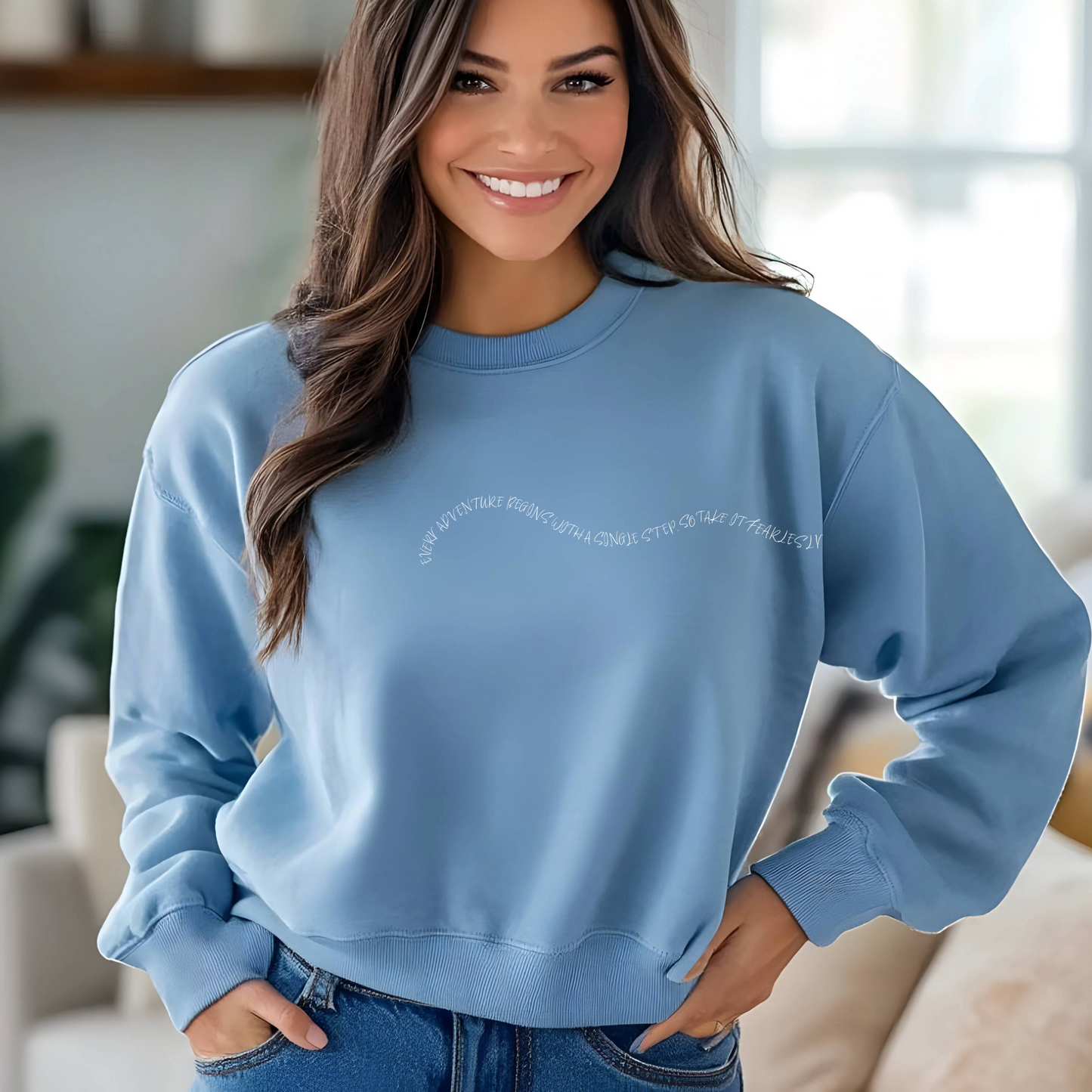 Women's "Every Adventure Begins with" Front and Back Design Sweatshirt - White