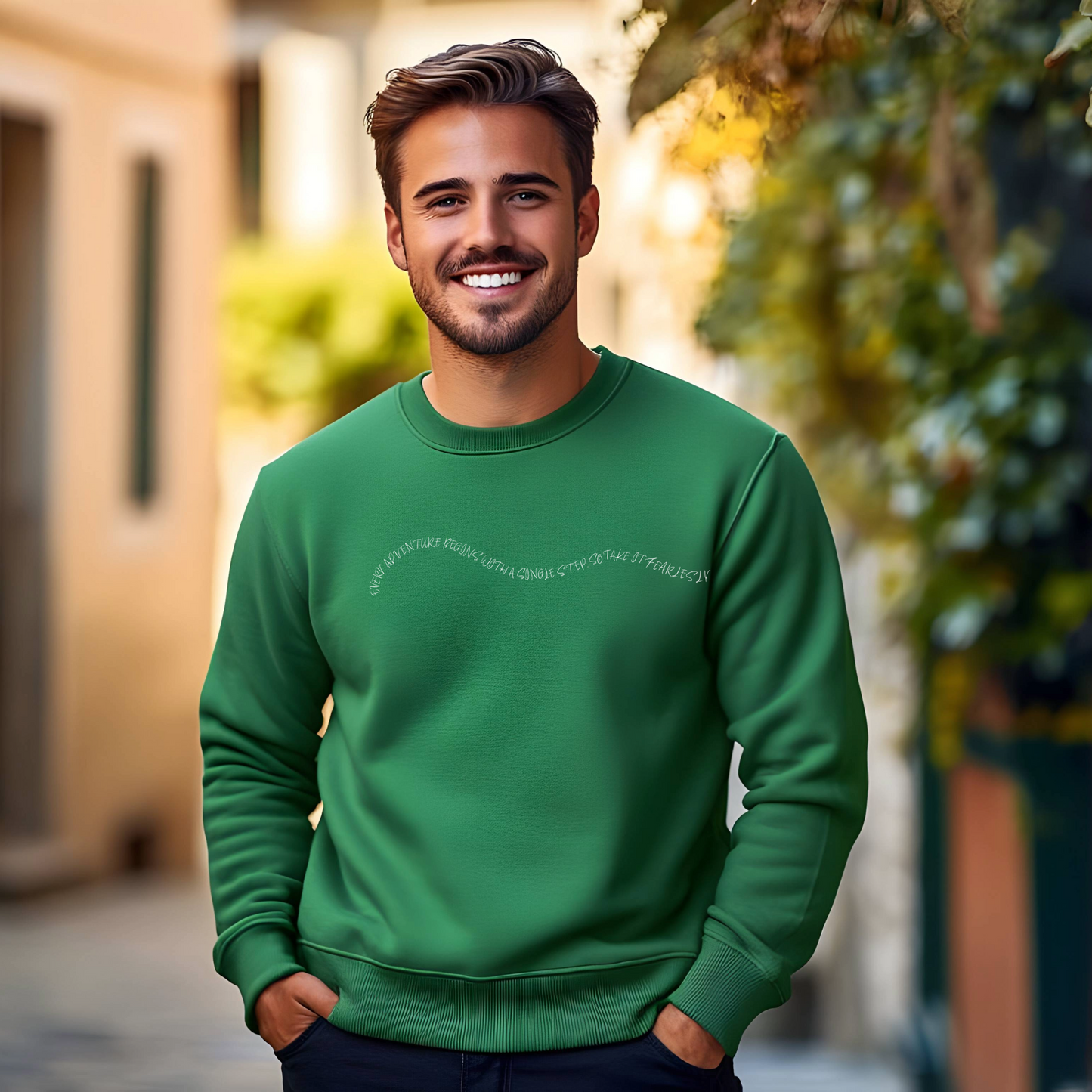 Men's "Every Adventure Begins with" Front and Back Design Sweatshirt - White