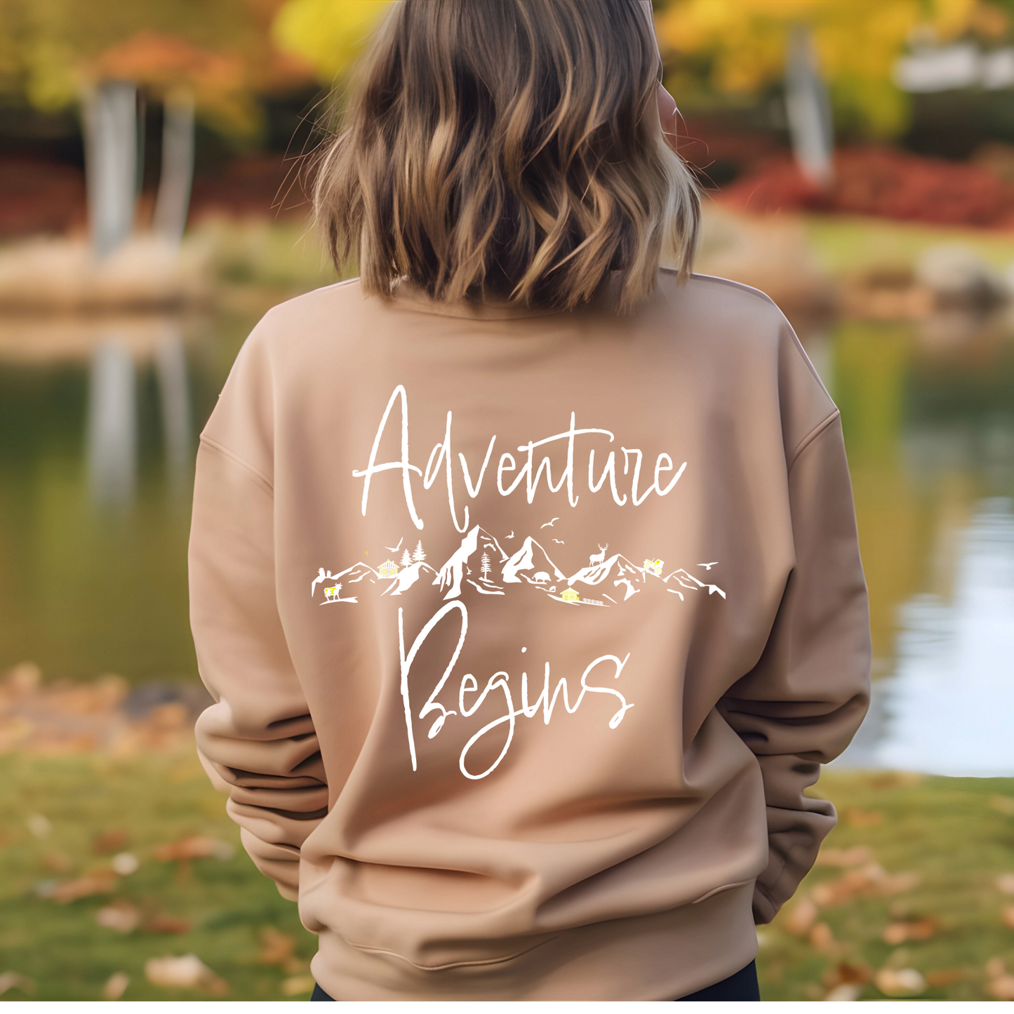 Women's "Every Adventure Begins with" Front and Back Design Sweatshirt - White