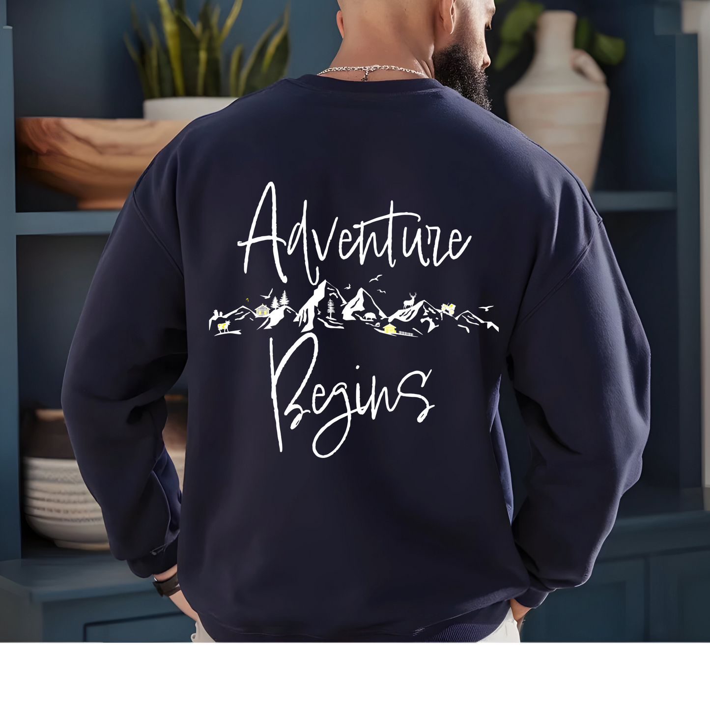 Men's "Every Adventure Begins with" Front and Back Design Sweatshirt - White