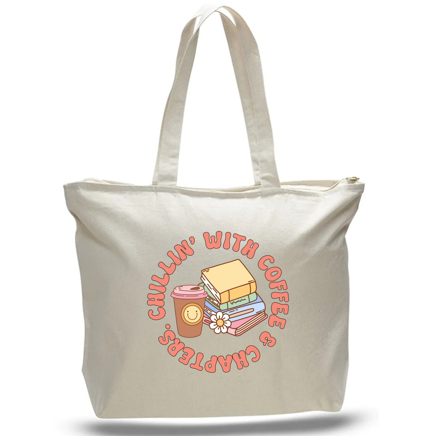 Chillin’ with Coffee and Chapters Jumbo Zippered Tote Bag - Natural
