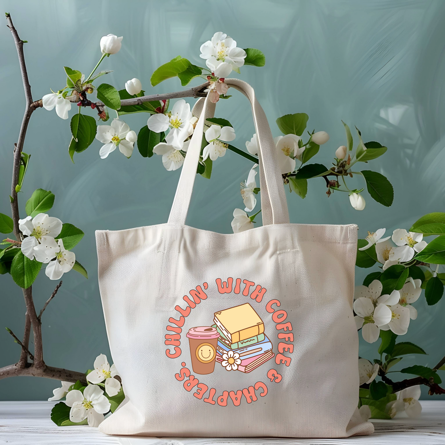 Chillin’ with Coffee and Chapters Jumbo Zippered Tote Bag - Natural
