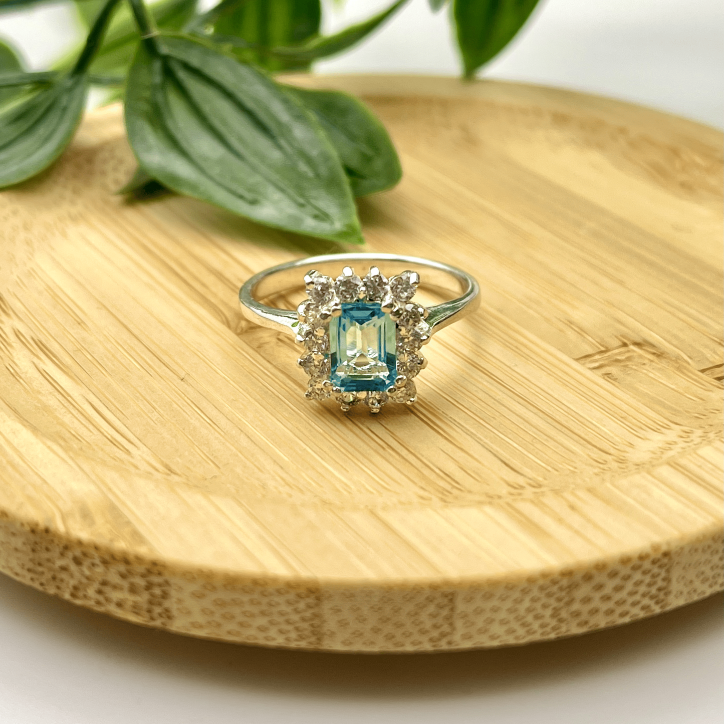 Ladies’ Sterling Silver Ring – Rectangular Topaz with White Stone Halo (Size 7 ¾)