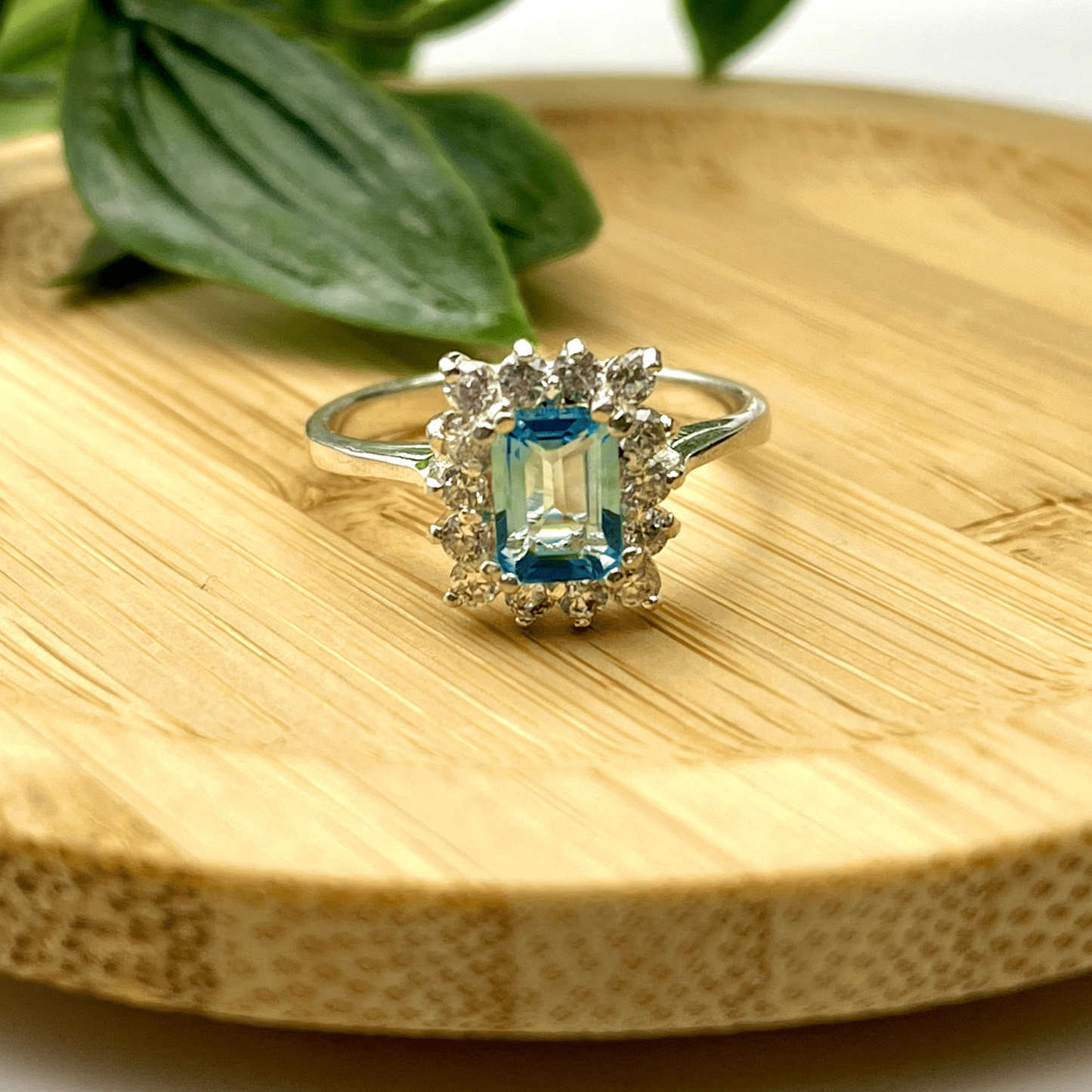 Ladies’ Sterling Silver Ring – Rectangular Topaz with White Stone Halo (Size 7 ¾)