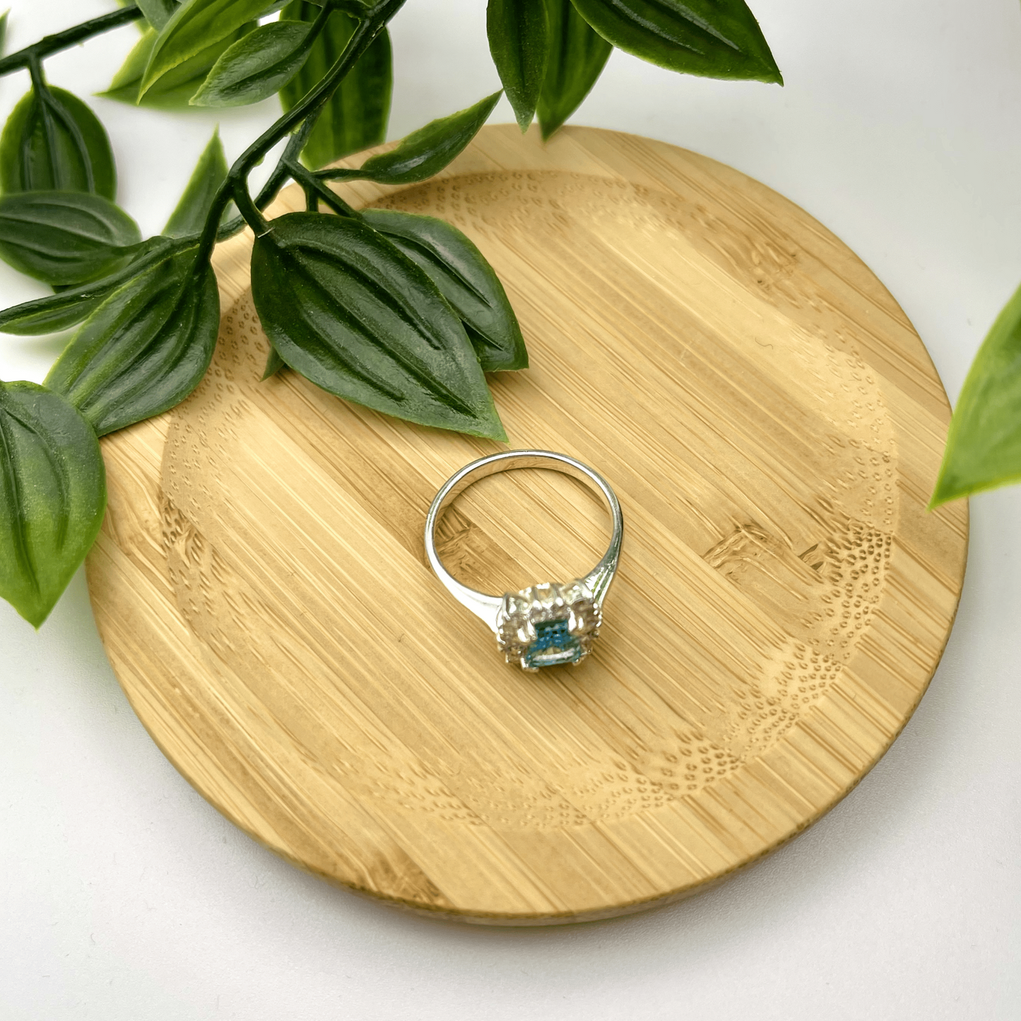 Ladies’ Sterling Silver Ring – Rectangular Topaz with White Stone Halo (Size 7 ¾)