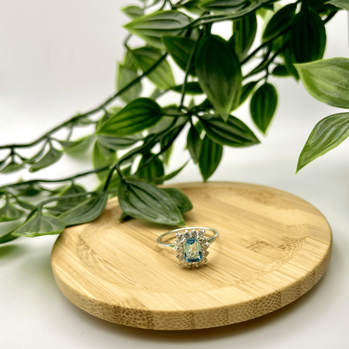 Ladies’ Sterling Silver Ring – Rectangular Topaz with White Stone Halo (Size 7 ¾)