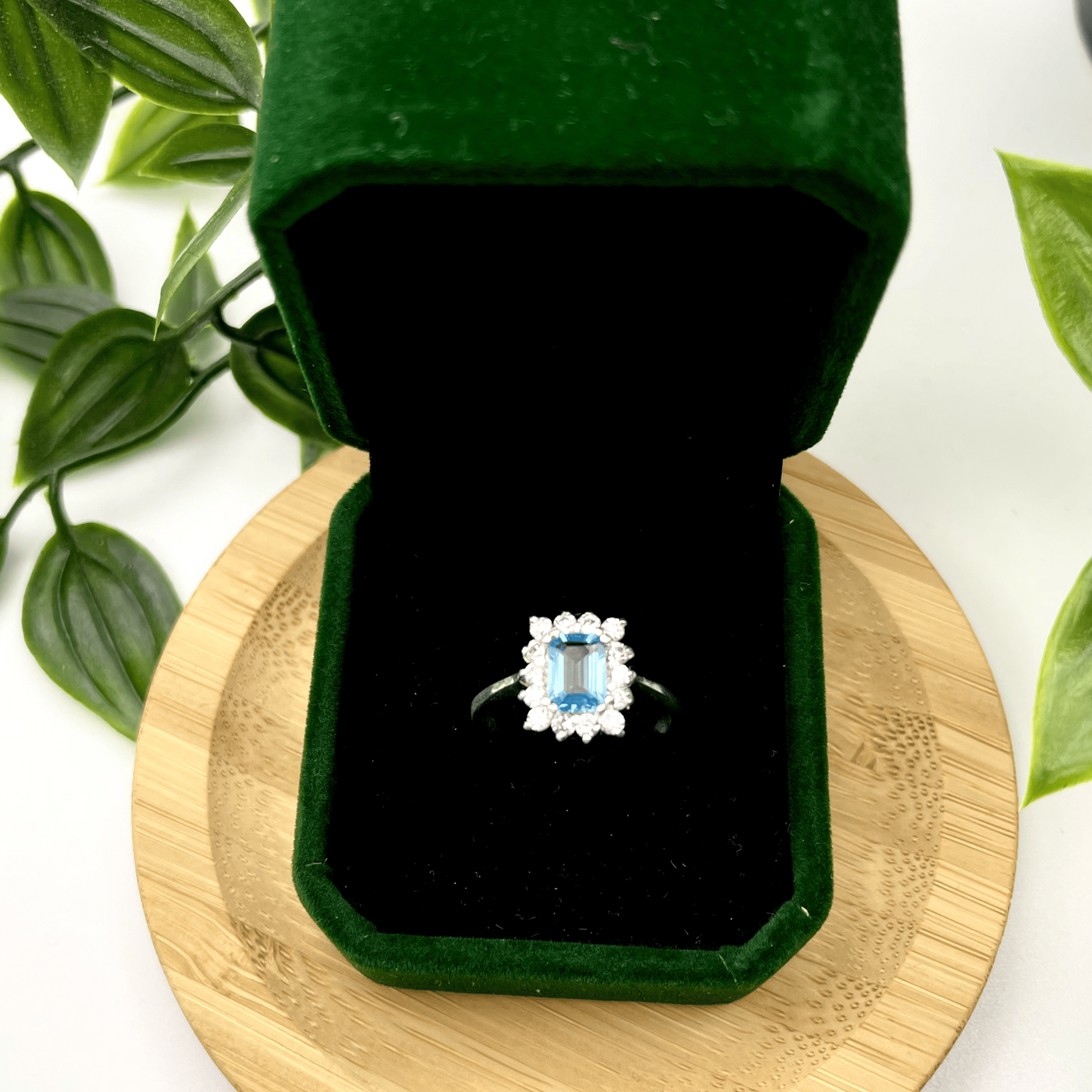 Ladies’ Sterling Silver Ring – Rectangular Topaz with White Stone Halo (Size 7 ¾)