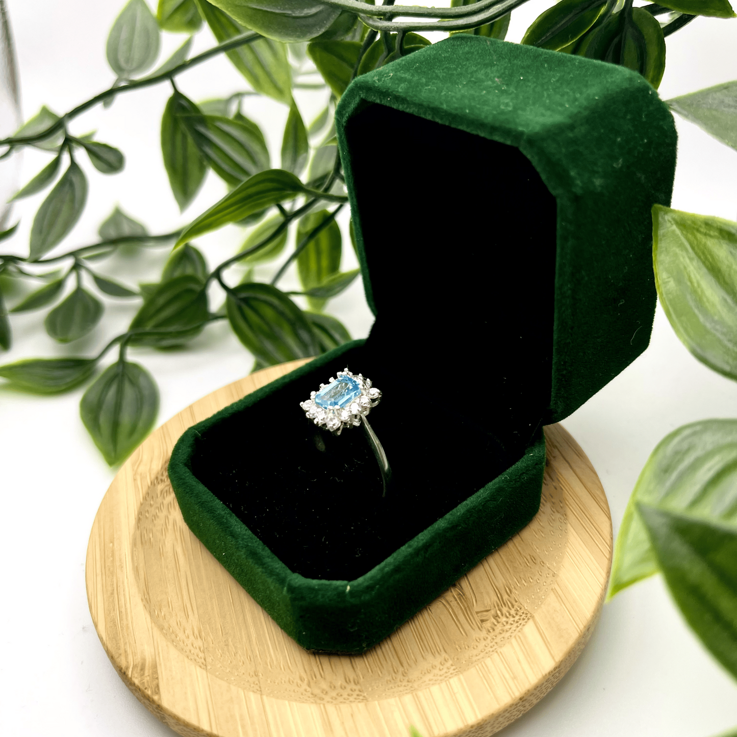 Ladies’ Sterling Silver Ring – Rectangular Topaz with White Stone Halo (Size 7 ¾)