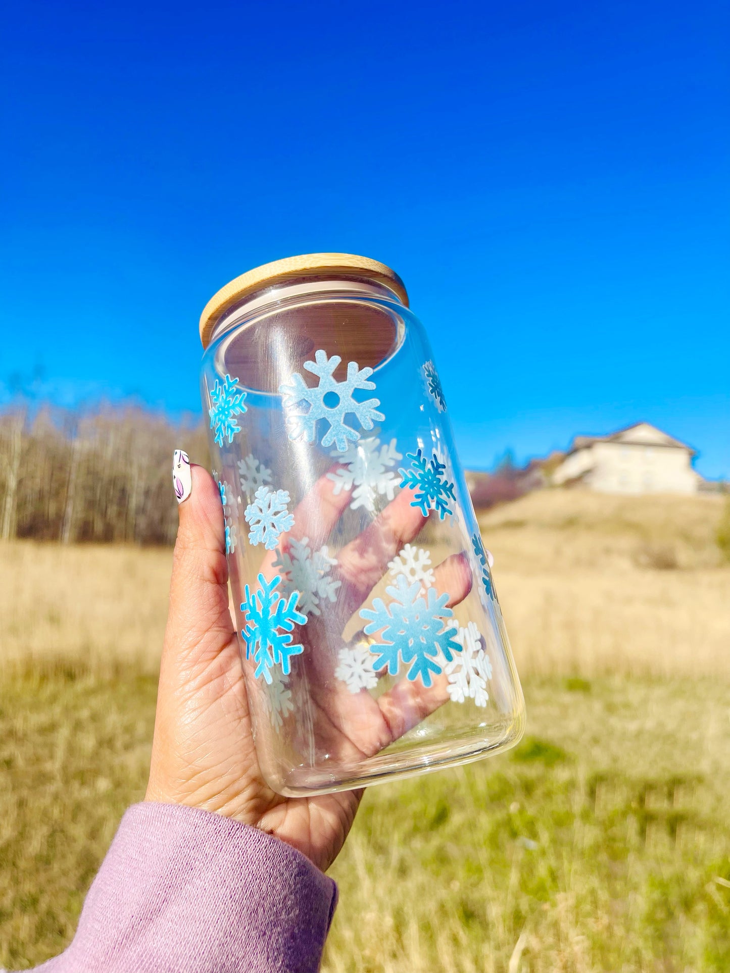 Snowflakes Shower Iced Coffee Glass Mug with Bamboo Lid and Straw 16oz