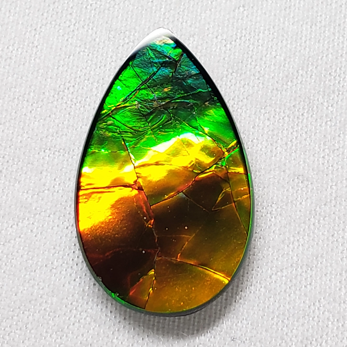 Pear-Shaped Green & Gold Ammolite – 22x13mm Triplet Gem from Canada – Rare Dragon Skin Gemstone for Jewelry Making