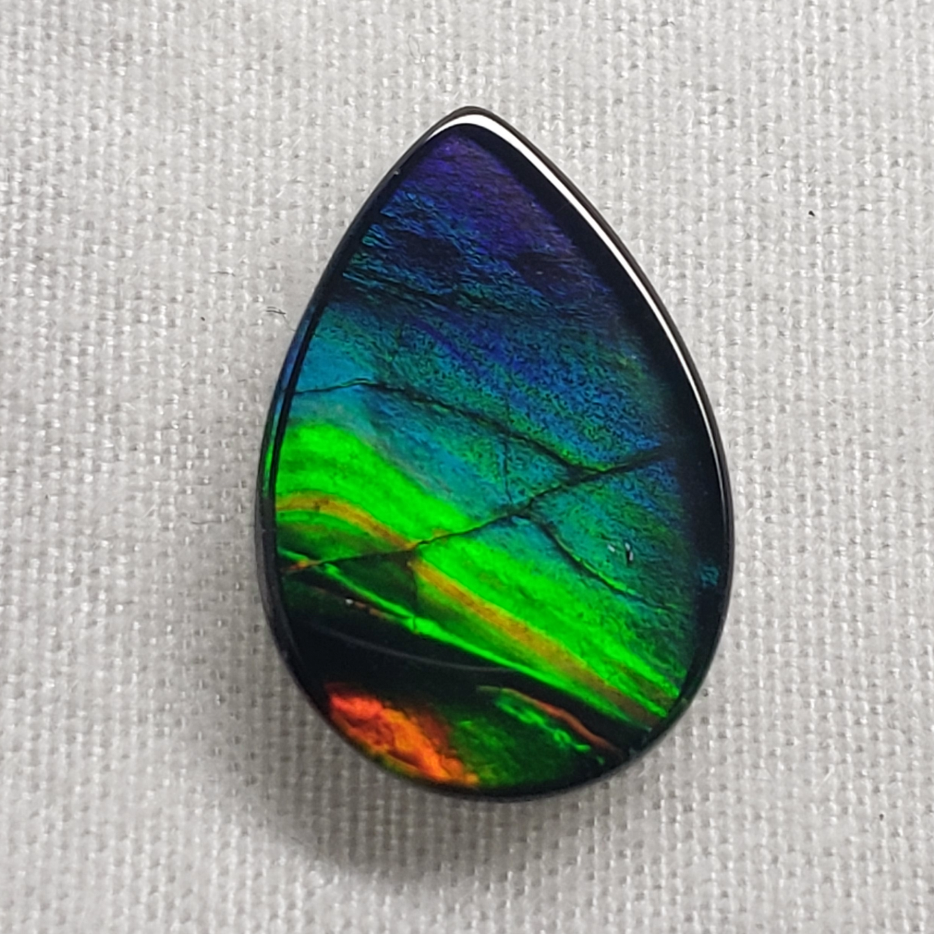 15x10mm Pear Ammolite – Blue Green Gold Red Gem – Canadian Rainbow