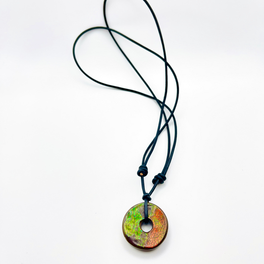 30x30mm Donut Ammolite "Canada’s Opal" Gemstone – Deep Green & Orange with Sliding Black Leather Cord Necklace
