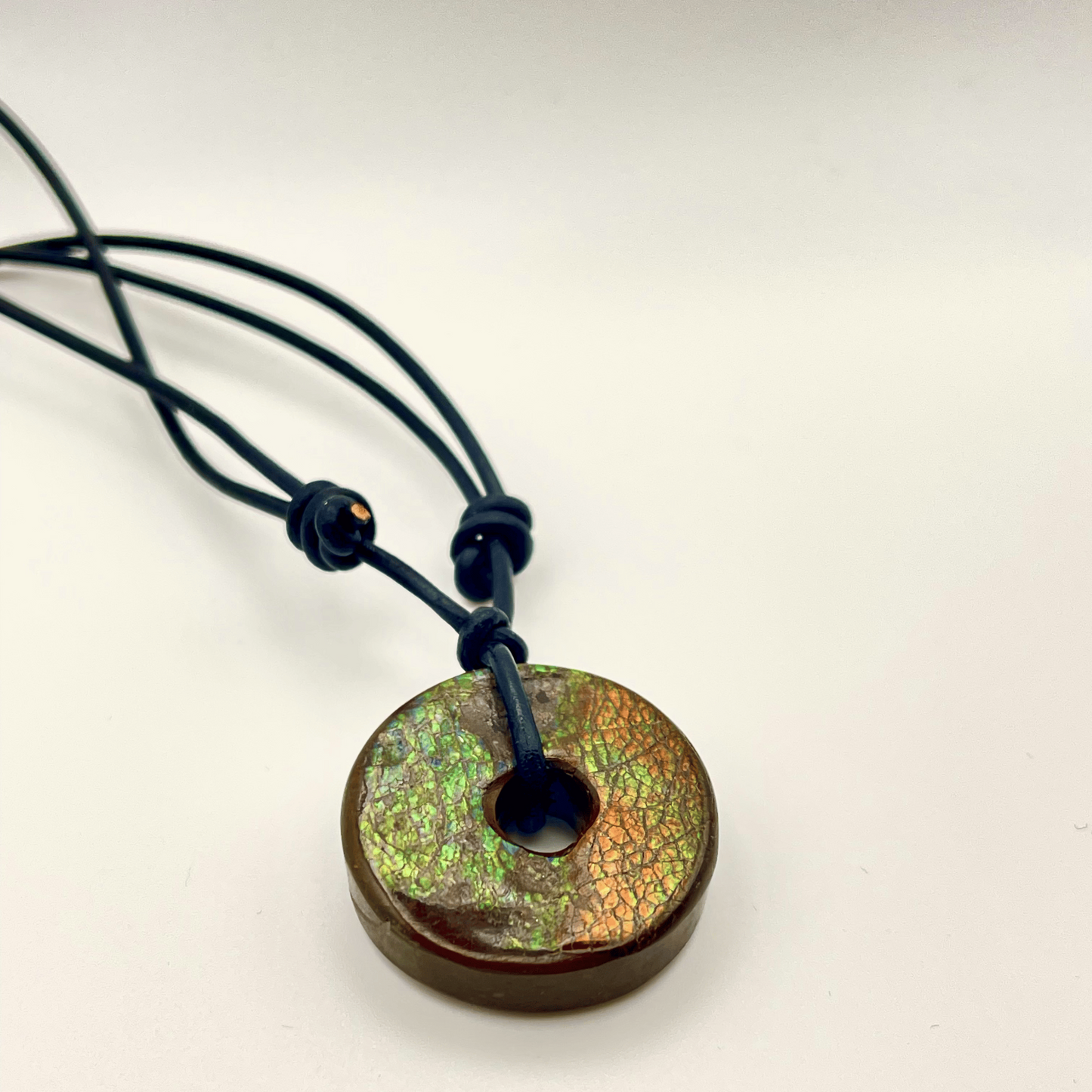 30x30mm Donut Ammolite "Canada’s Opal" Gemstone – Deep Green & Orange with Sliding Black Leather Cord Necklace